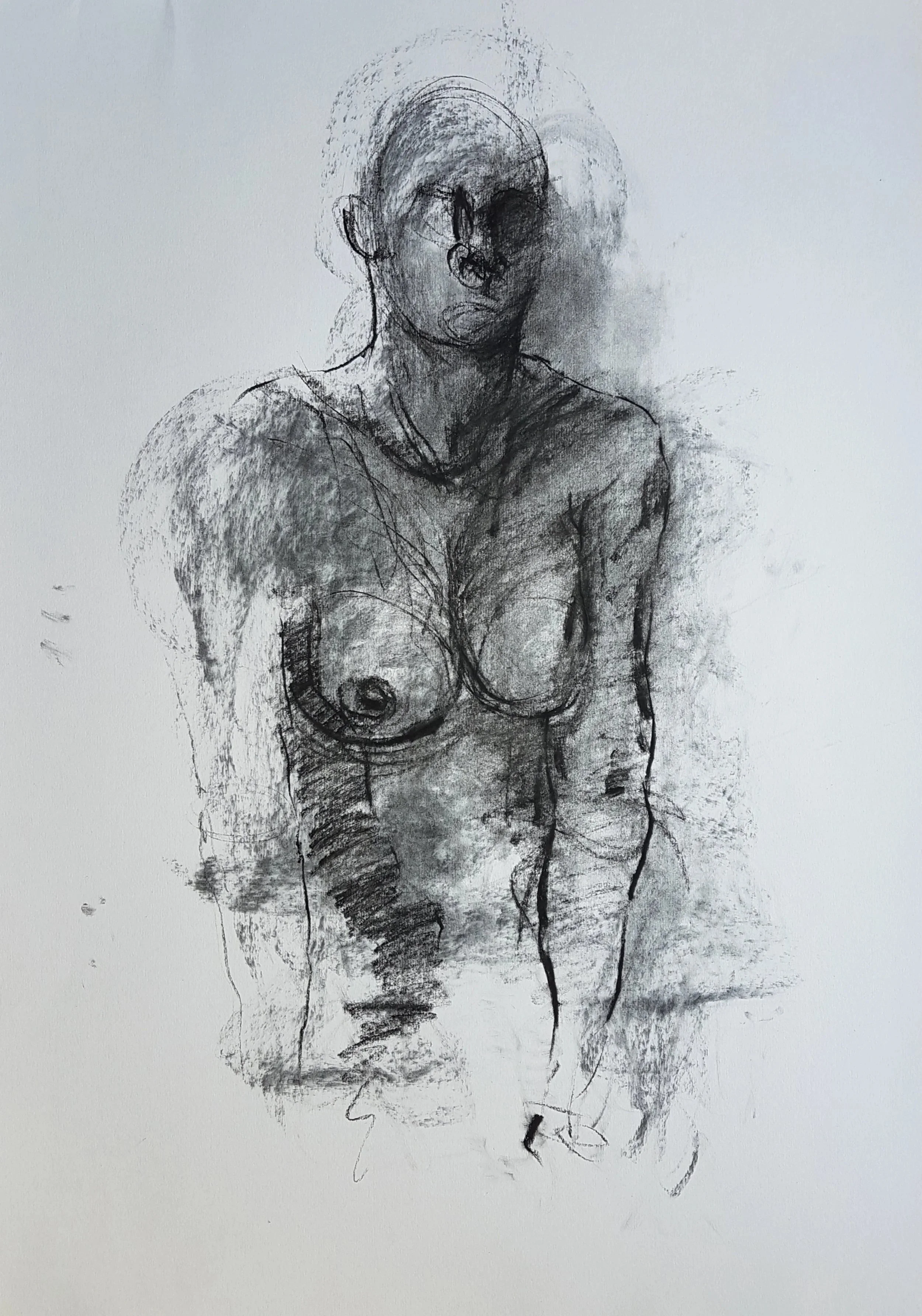 A quick and loose sketch in charcoal of a female model with lines that intersect and tangle across her chest, shoulders, arms and neck, showing tension in her face too.