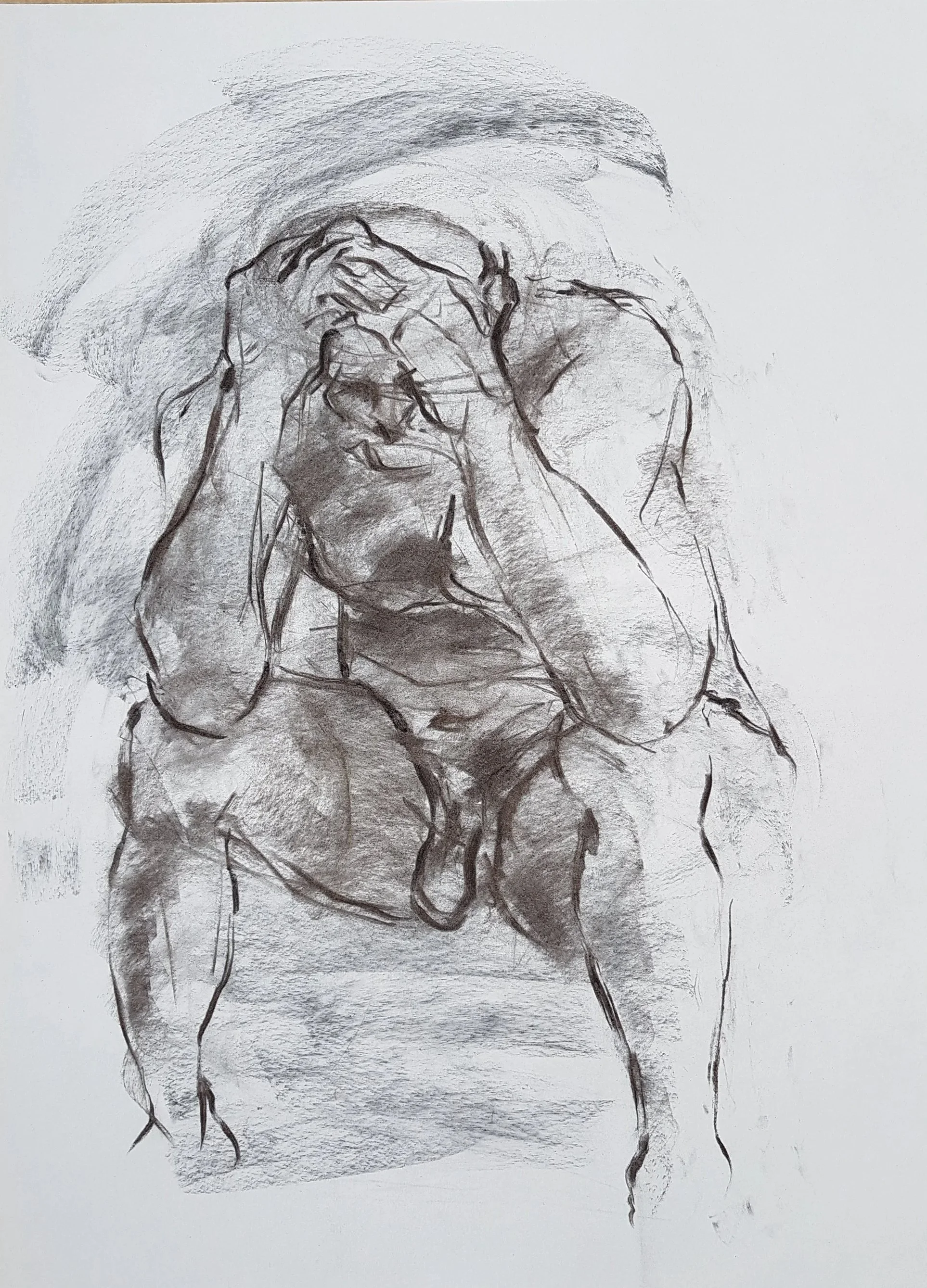 Charcoal drawing with a heavy atmosphere of a seated male model who has his head in his hands, experiencing inner turmoil and pressure over an unhappy situation.