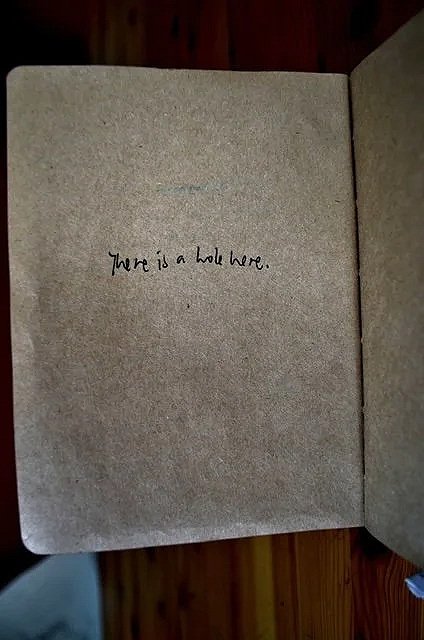 A very simple and sparse, yet profound page from the artist's sketchbook, empty except for one single line that reads, There is a hole here.