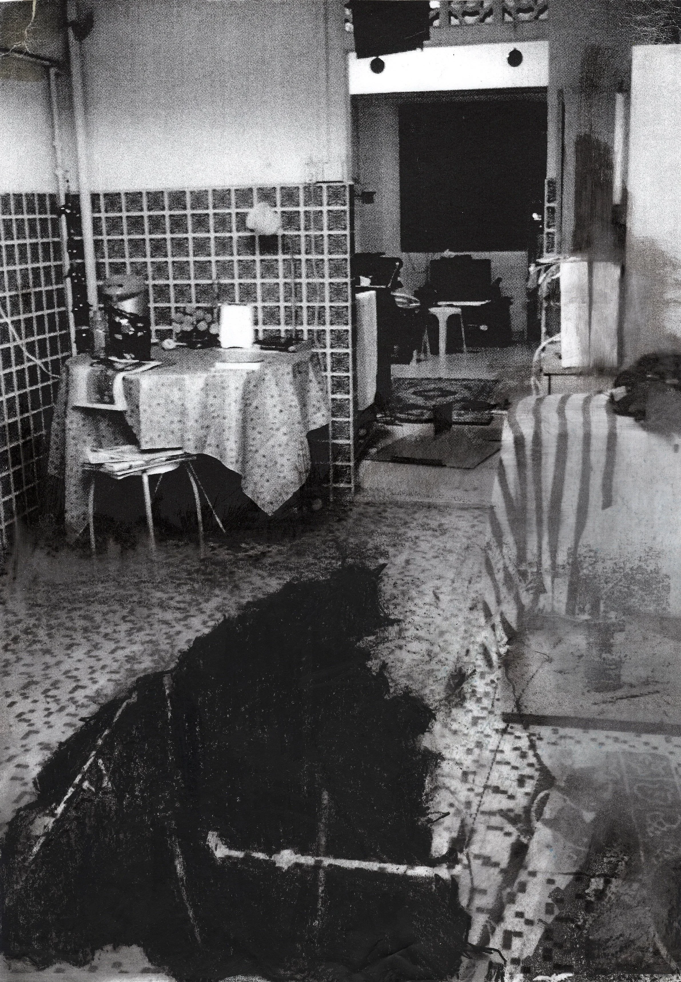 Haunting and terrifying collage drawing of a bottomless triangular hole ripped into the floor of a kitchen in a home in Singapore.