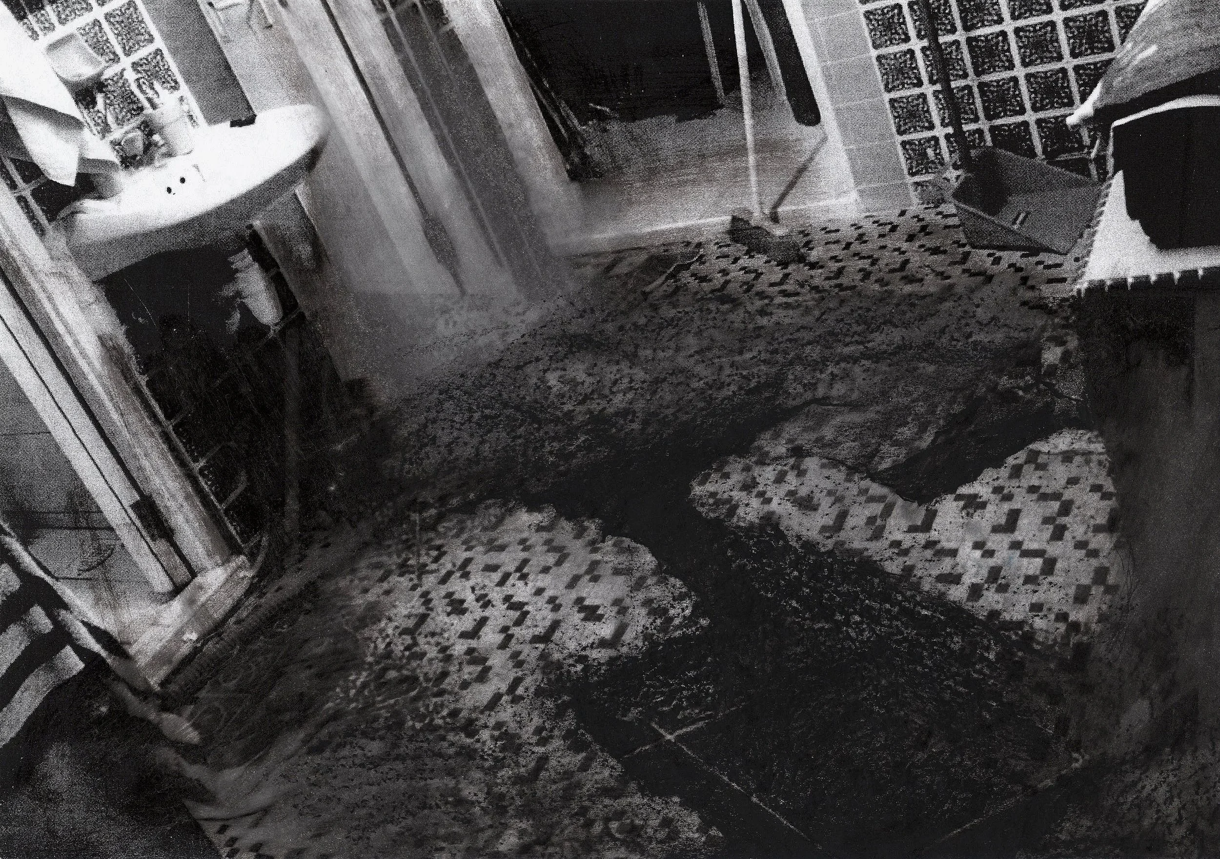 Mystifying and scary collage of a home bathroom floor dissolving into a drawing of a labyrinth in smoke.
