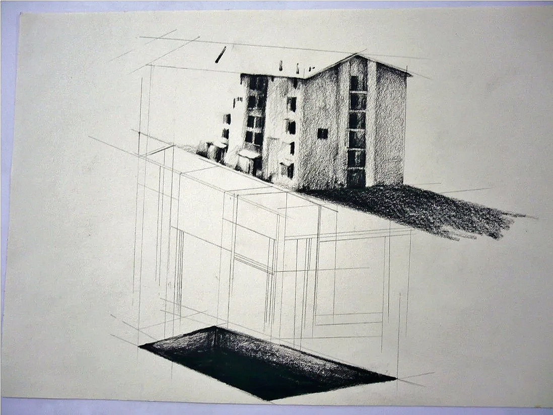Conceptual drawing in charcoal pencil of a block of flats suspended in mid-air over a scaffolding of fine pencil lines and a bottomless pit at the bottom of the page.