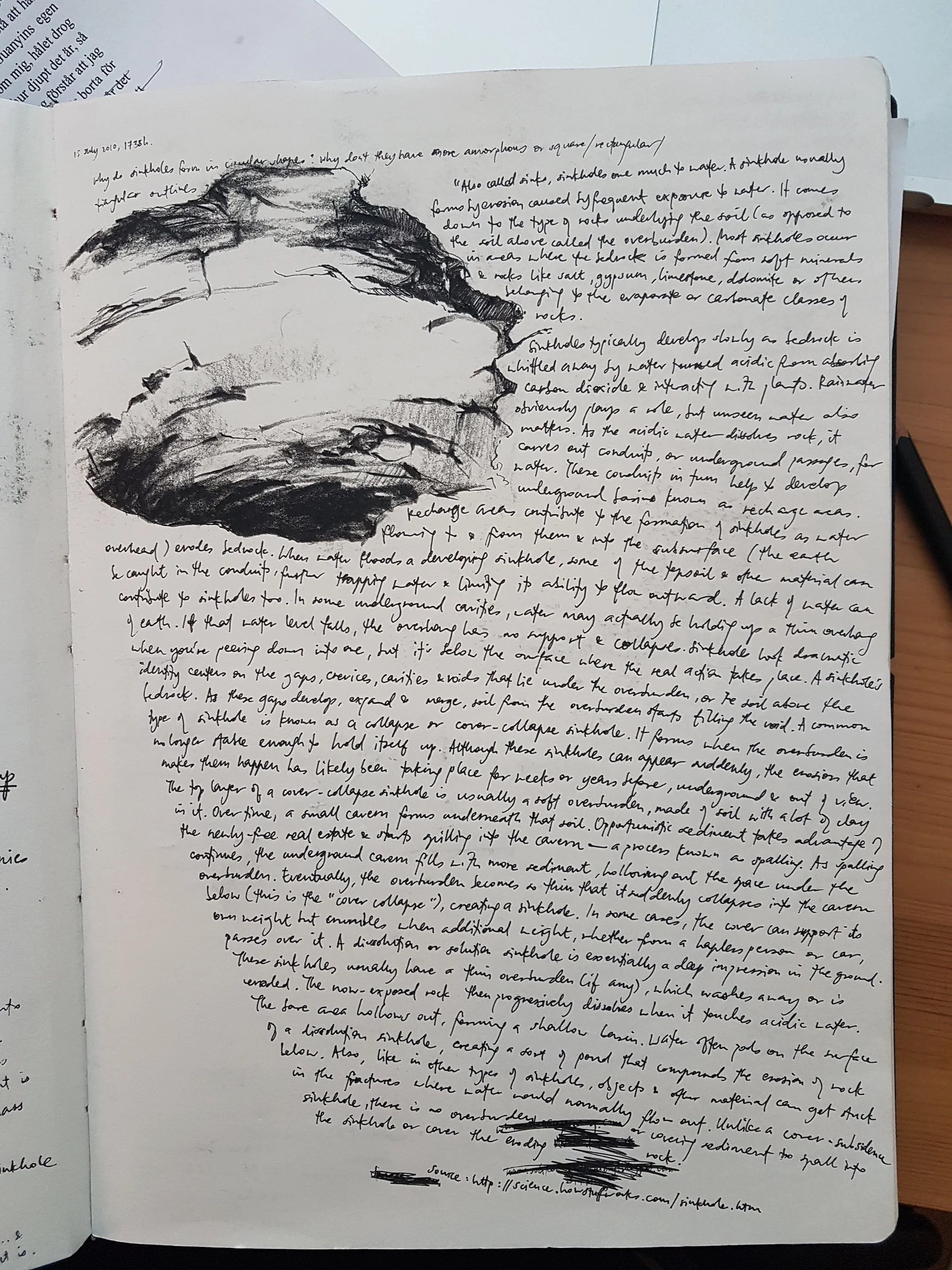 Densely packed and highly detailed page from the artist's sketchbook with text describing the formation of a sinkhole and a large pencil drawing of a sinkhole.