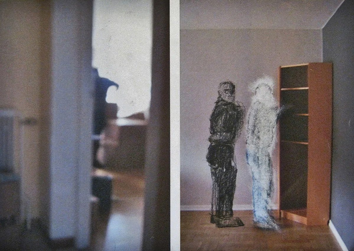 Mysterious and ethereal diptych featuring two photographs of a house moving process, the left is out of focus while the right shows a male figure erased with a drawn duplicate in his place.
