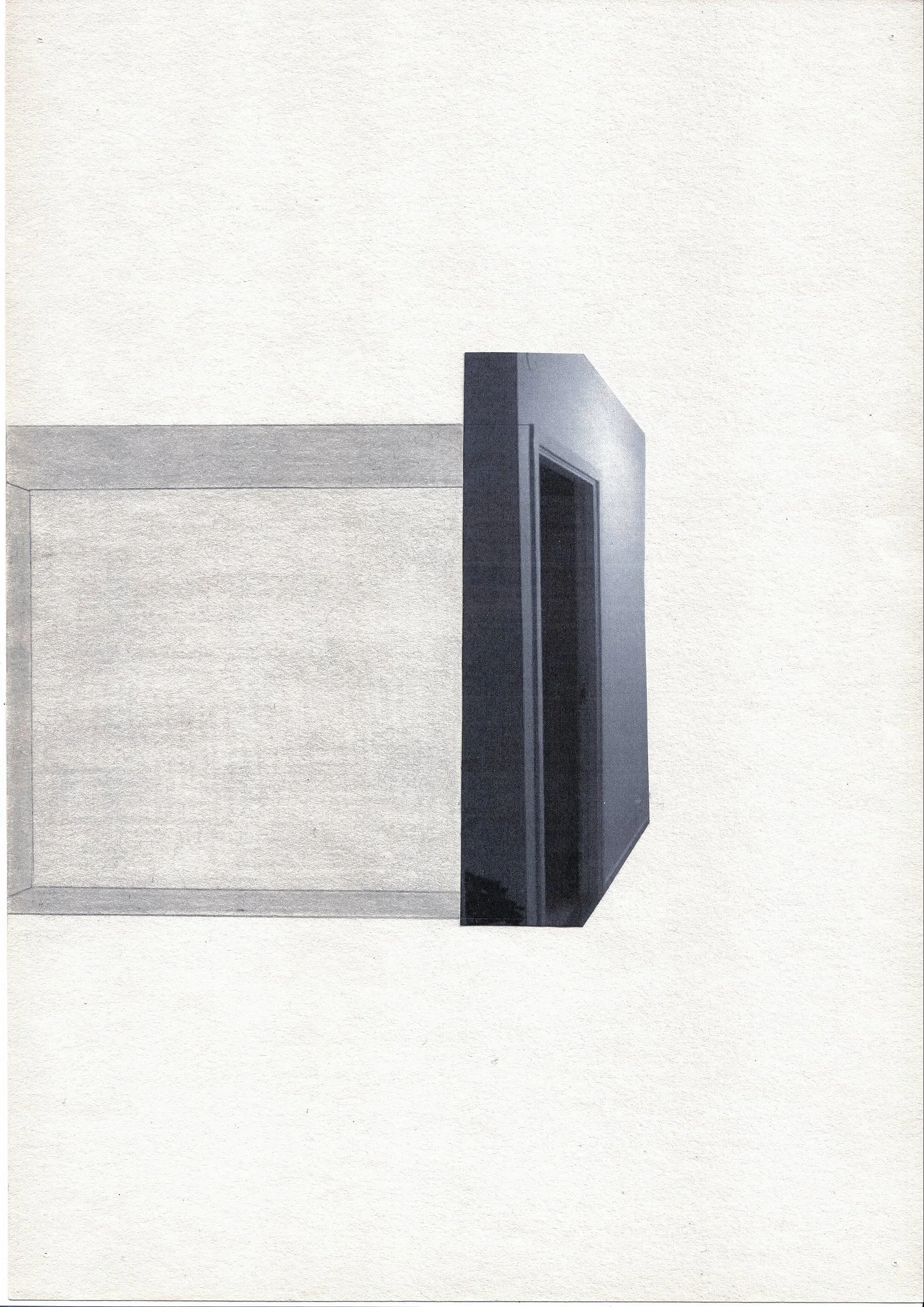 Cryptic and mysterious collage of a door in side profile and a drawing that extends the frame backwards, rendering empty space highly visual.