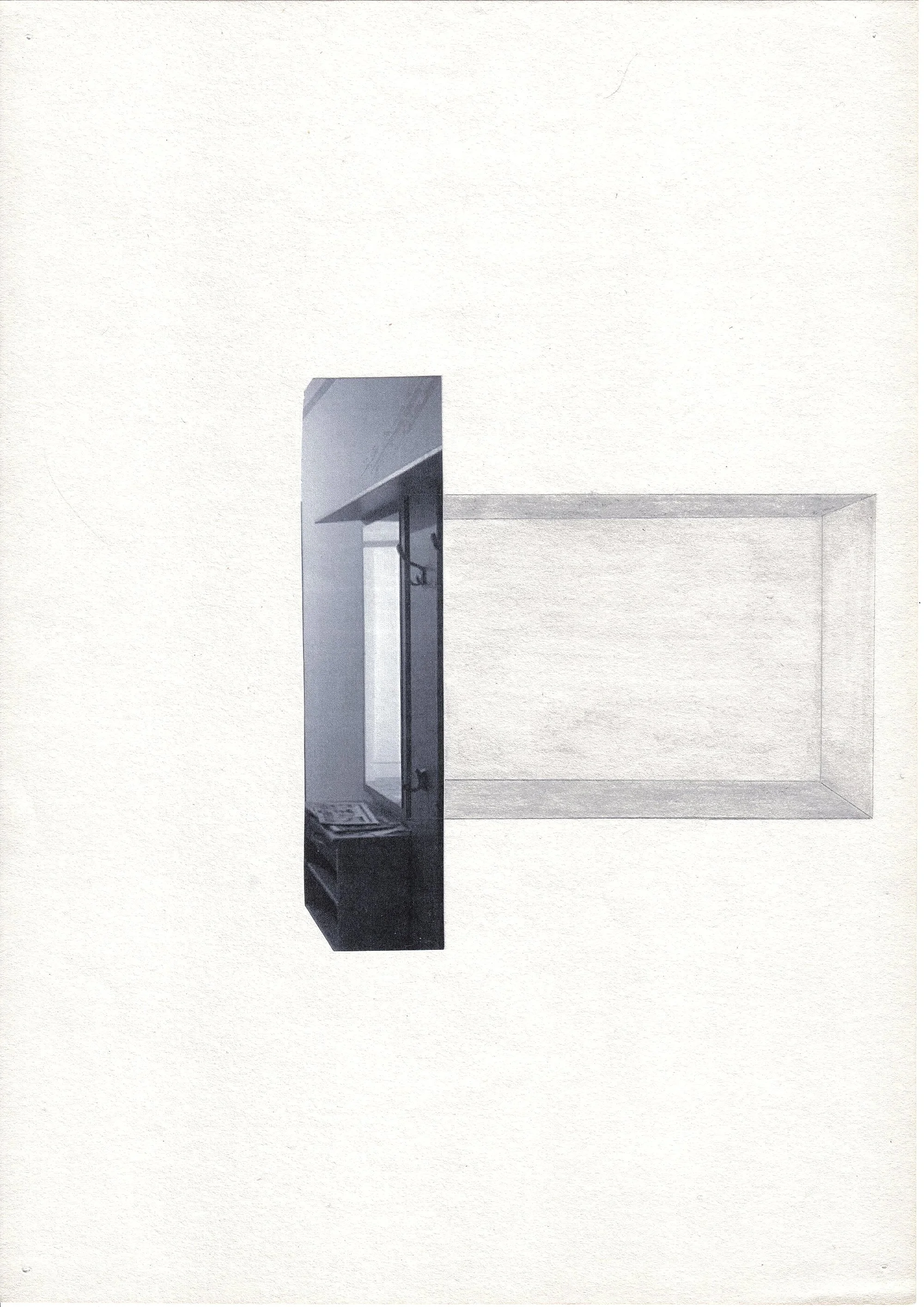 Subtle yet profound collage of a mirror in side profile with a pencil drawing that connects to the mirror and extends it backwards in visual space.