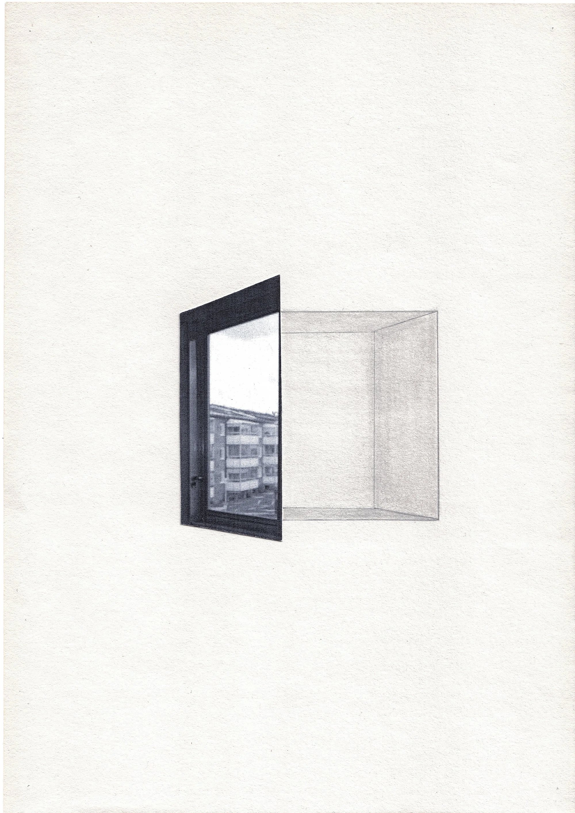 Contemplative black and white collage of a window in side profile, with a pencil drawing that stretches the geometry of the window onto the page of the sketchbook.