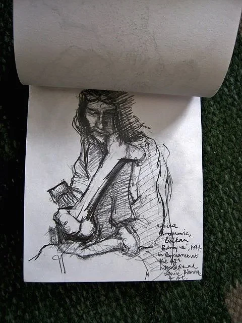 Macabre pencil sketch of artist Marina Abramovich in one of her performances during which she polished a very large bone.