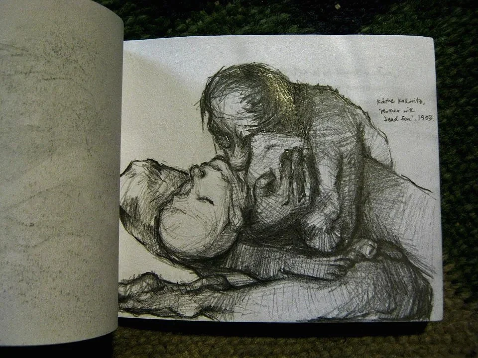 Poignant and moving pencil rendering in a sketchbook of Käthe Kollwitz's painting, Mother with Dead Son.