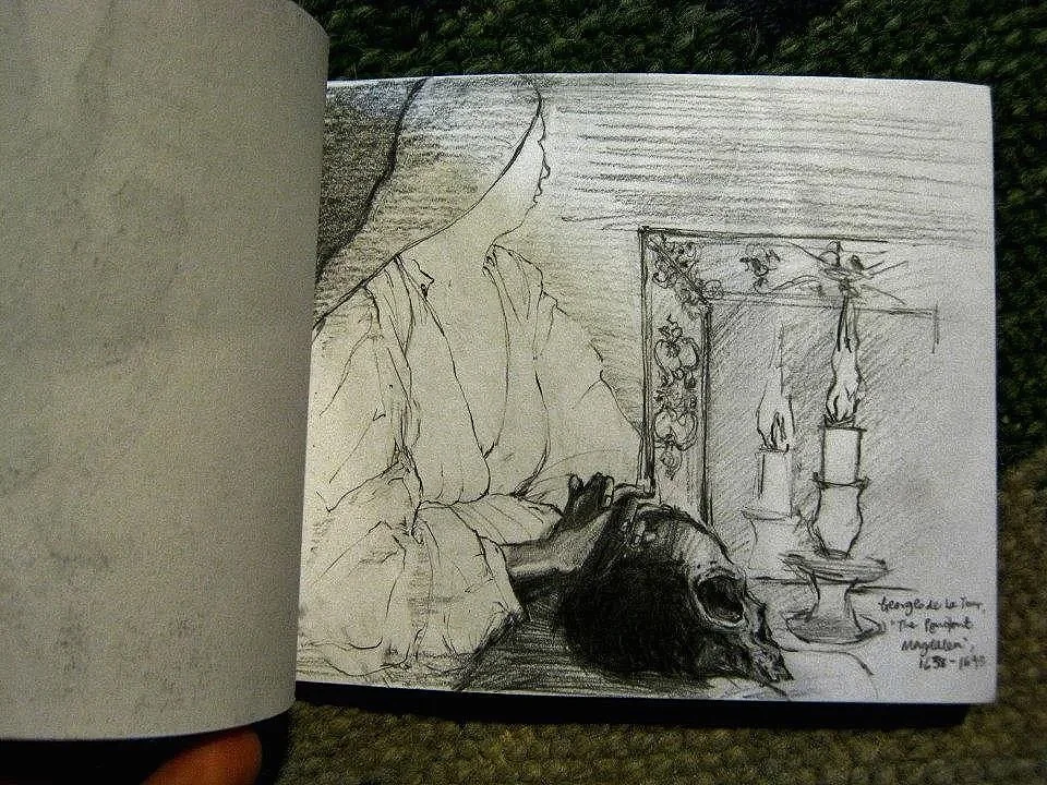 Poignant and detailed pencil rendering by Maxine Chionh in a small sketchbook of Georges de La Tour's painting, The Penitent Magdalen.