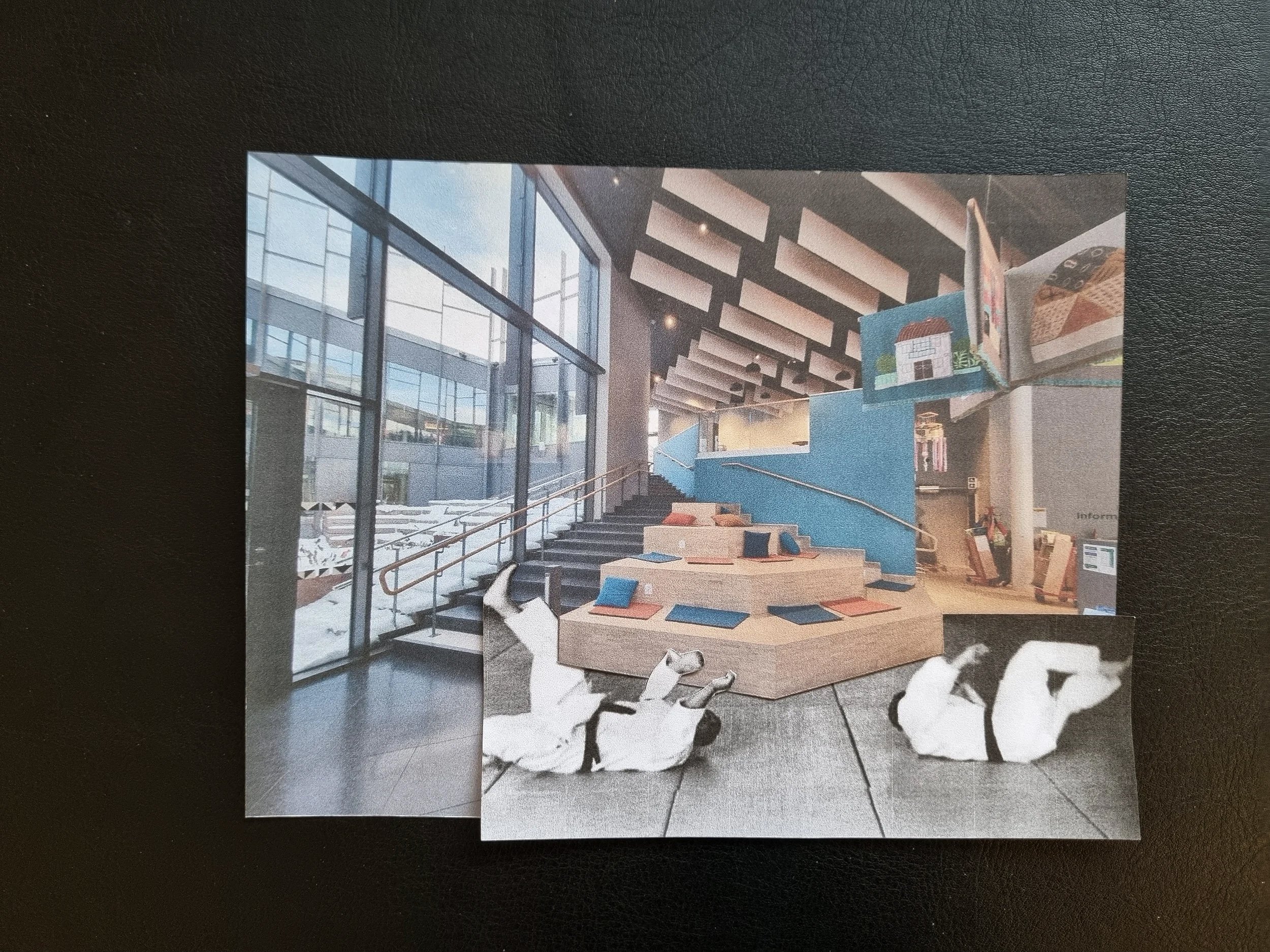 Two fallen judo wrestlers on the floor in a collage with Kulturhuset Bergsjön's indoor steps as the backdrop and scene of their duel.