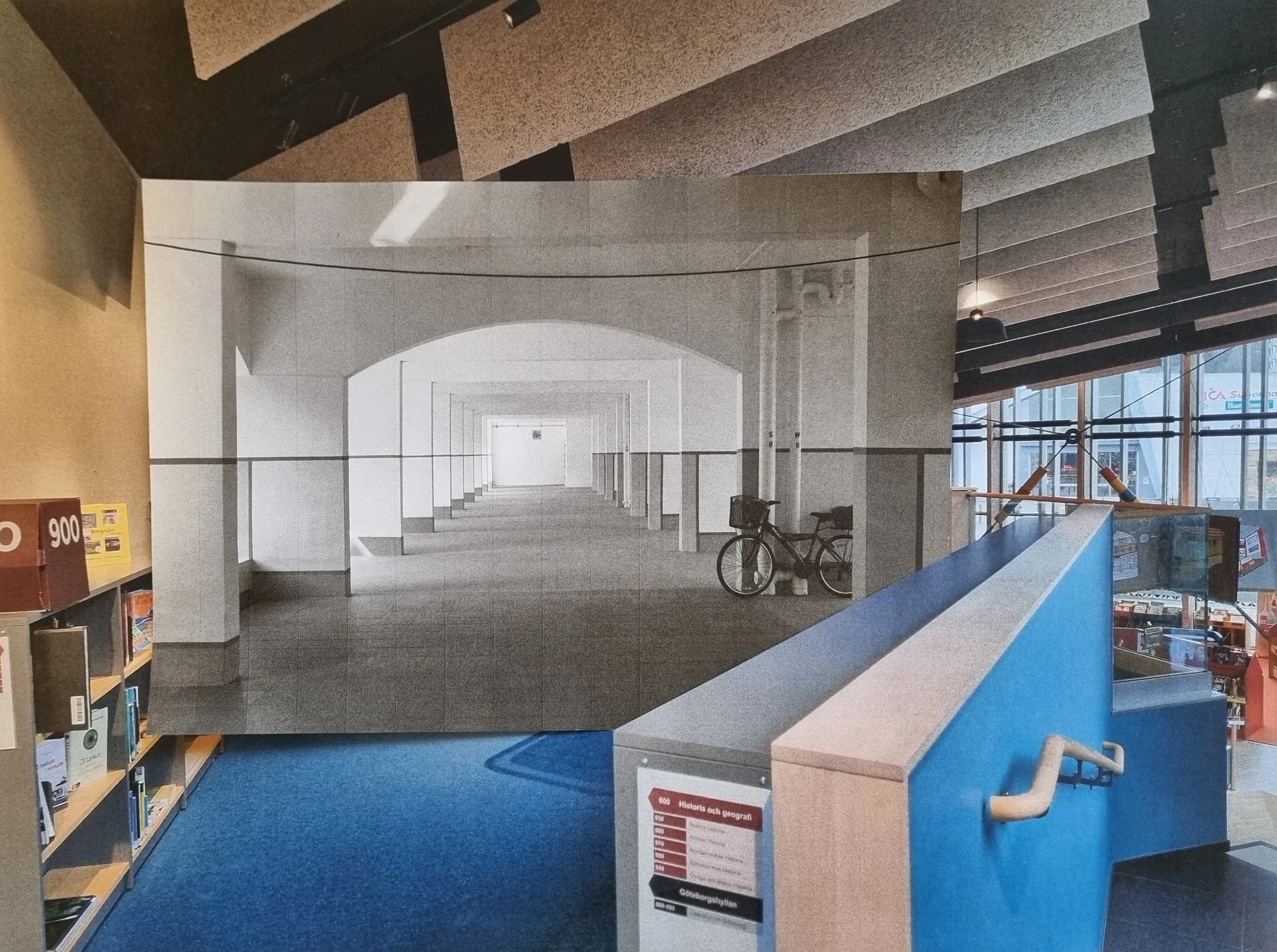 Collage with a void deck from the Housing Development Board in Singapore inserted into the indoor reading platform of Kulturhuset Bergsjön.