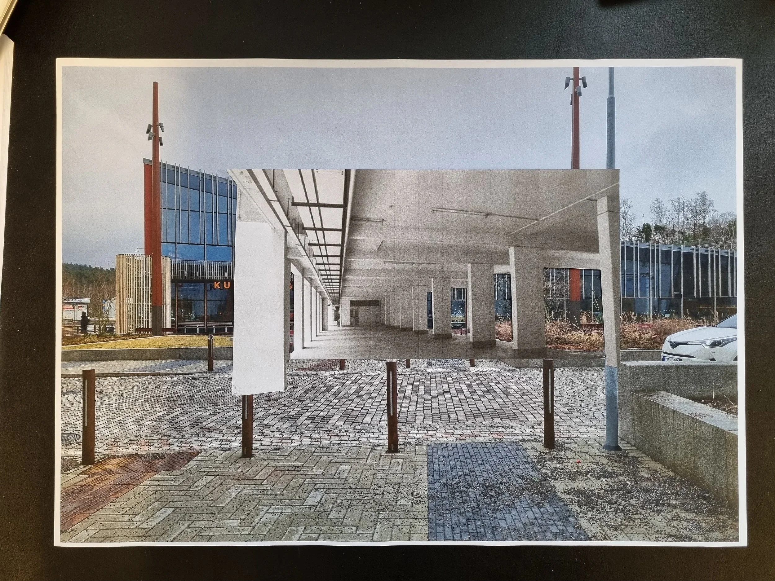 Collage of a cavernous void deck from Singapore inserted to replace the entire facade of the Kulturhuset Bergsjön building.