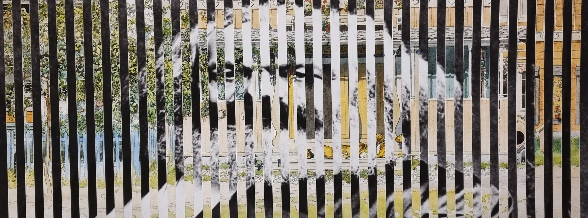 Vertically arranged collage of a black and white portrait of Karl Marx juxtaposed against Swedish painter Carl Larsson's painting Verandan, from Ett hem.