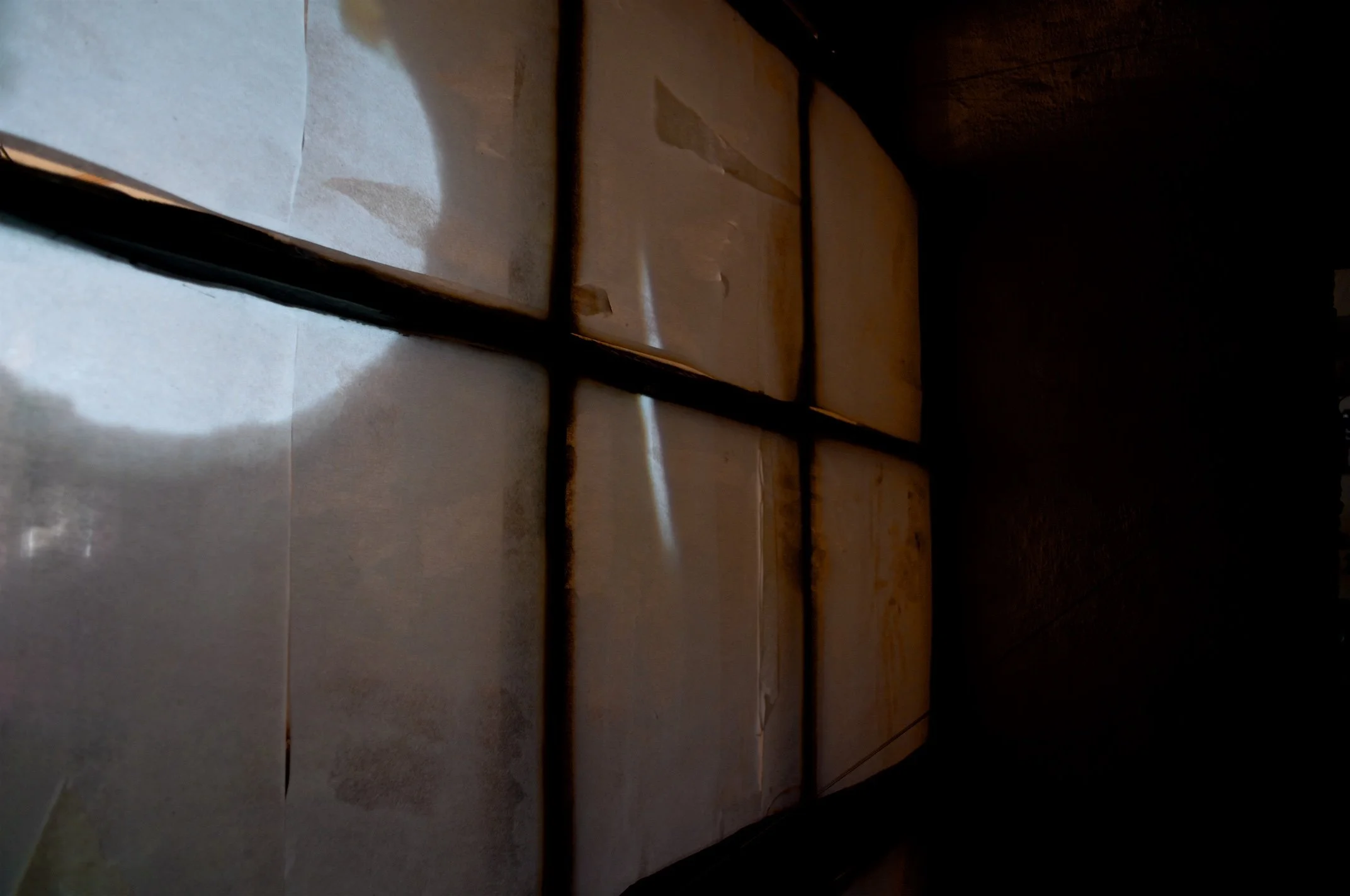 Close-up of a video projection on rice paper screen door in a darkened space.