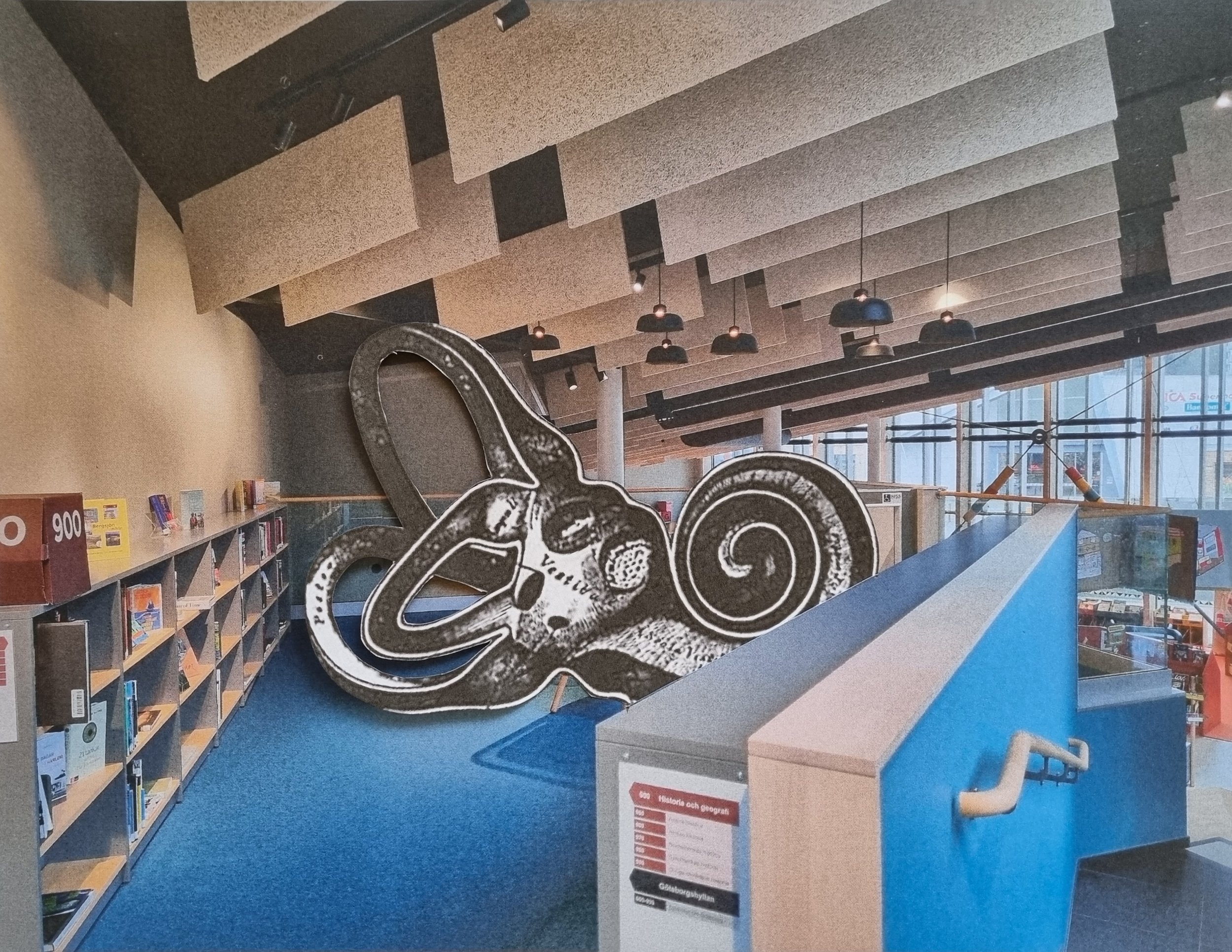 Collage of an anatomically correct drawing of the inner ear apparatus inserted into the reading area of Kulturhuset Bergsjön.