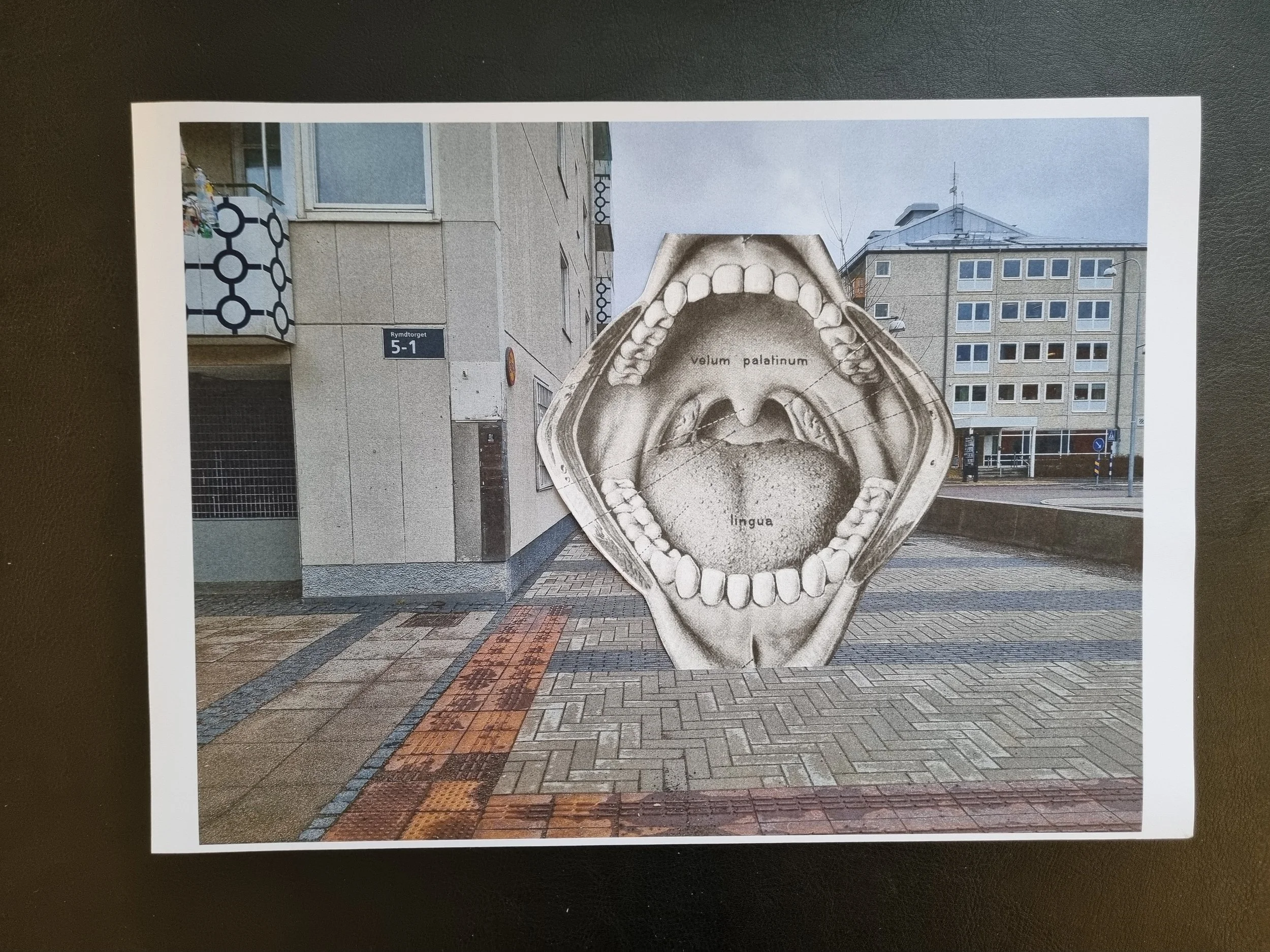 Collage sketch of the streets of Bergsjön with a wide open mouth with tonsils, teeth and tongue showing, inserted into the paved pathway outdoors.