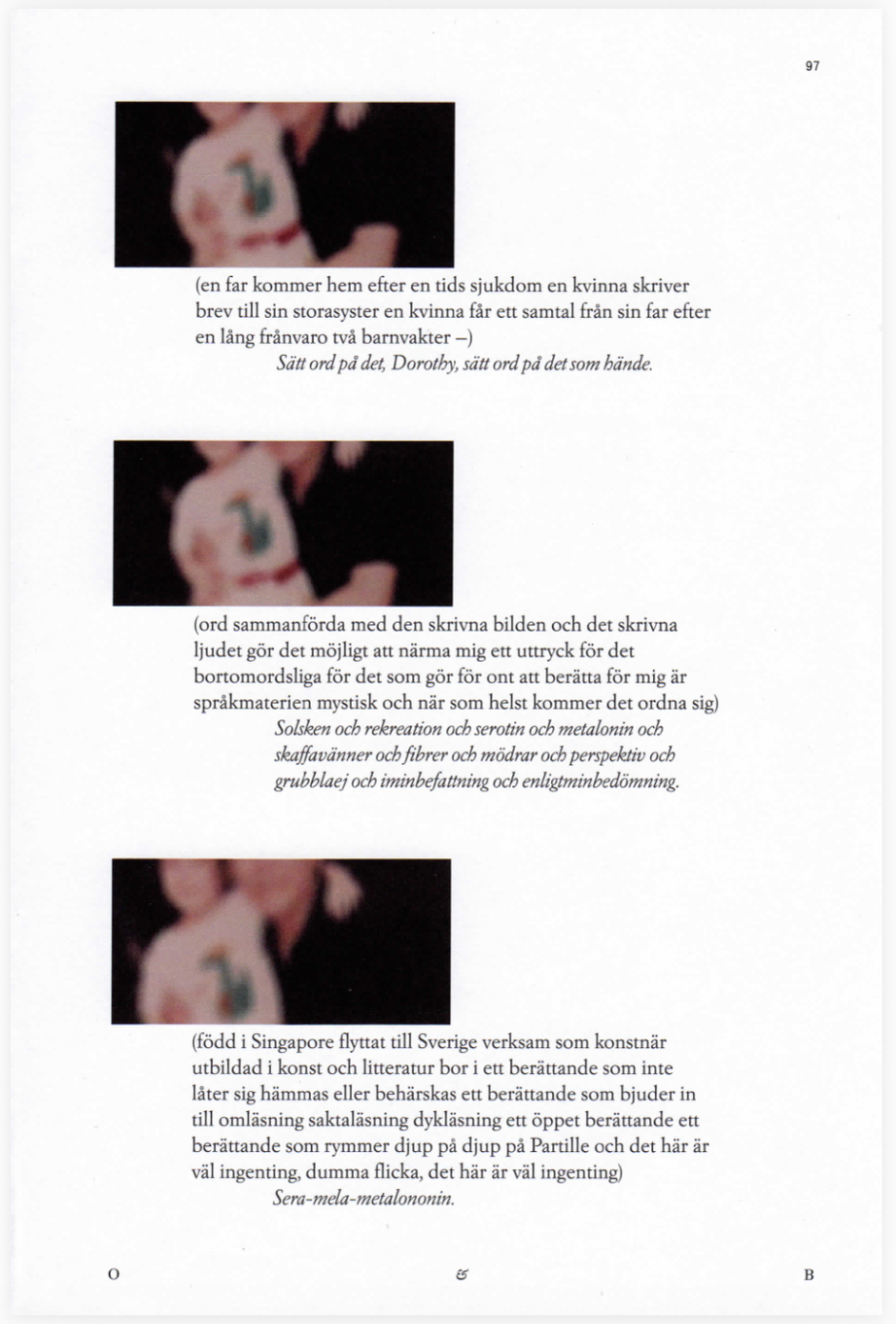 Three blurred photographs of a girl with a tattoo on her shoulder, each accompanied by Swedish text discussing neurological and psychological concepts.