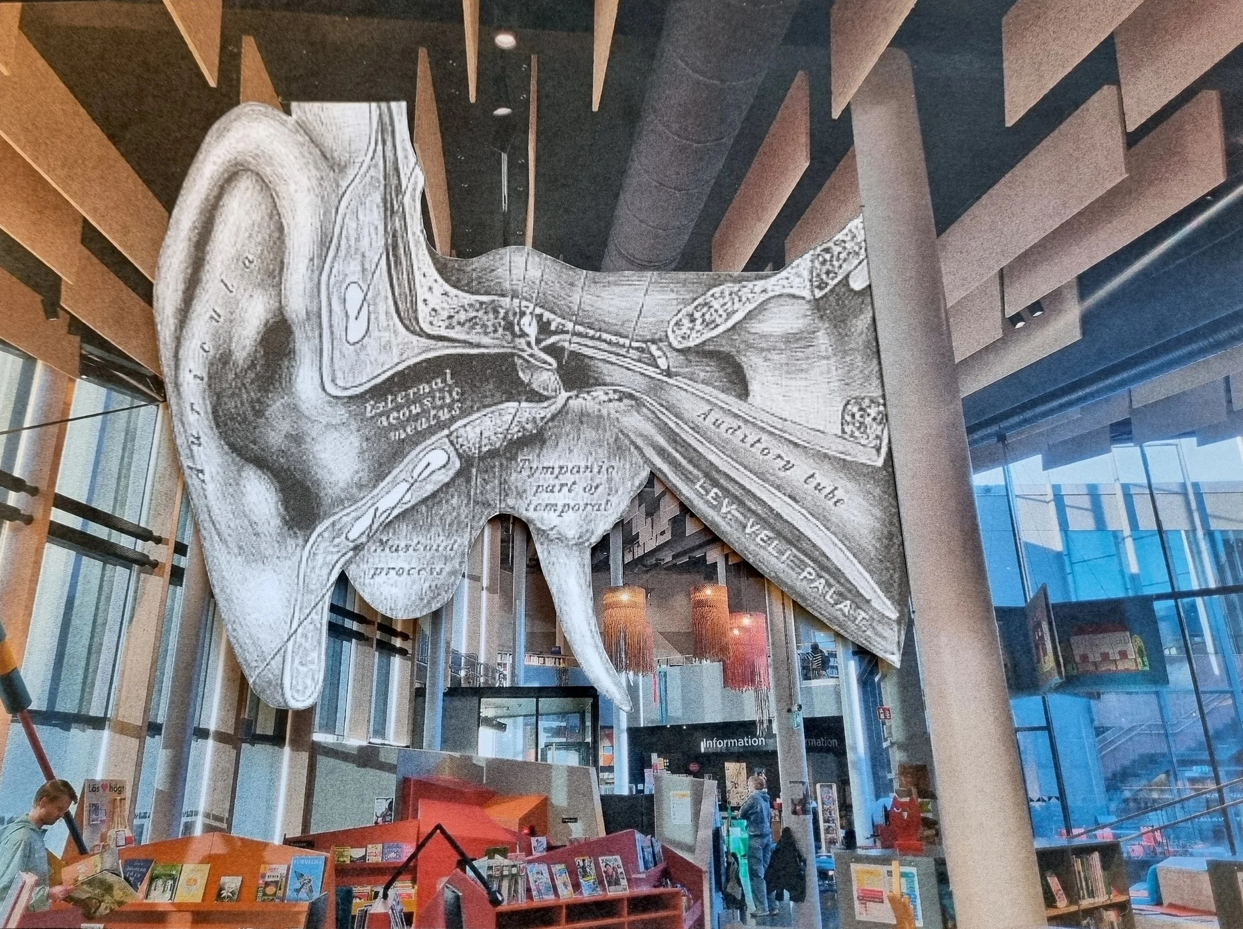 Collage of the entire outer and inner ear canal inserted into a physical printout of the lobby area of Kulturhuset Bergsjön.