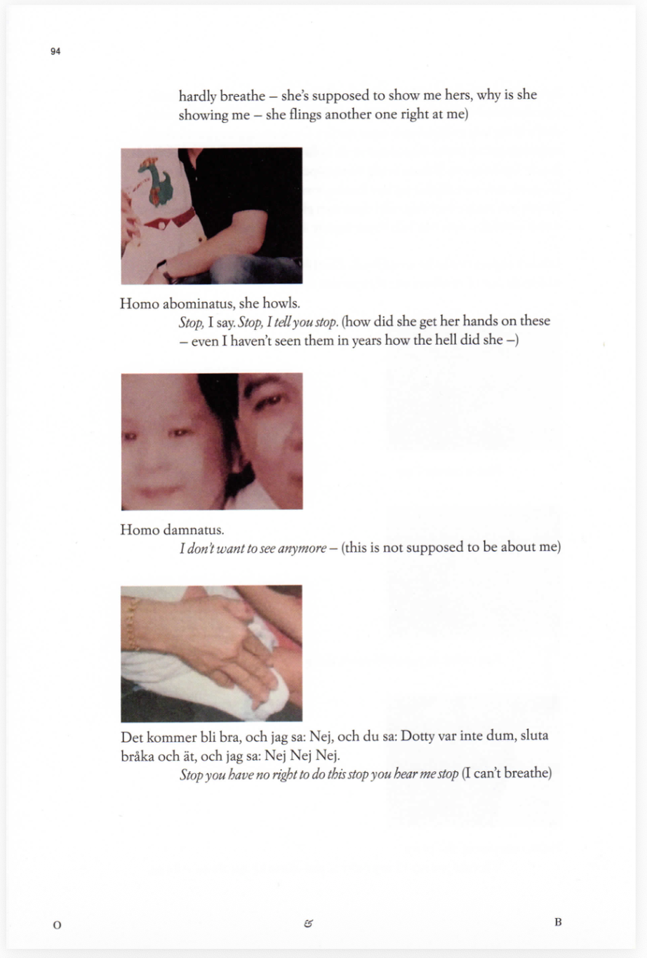 Page from a book with three small, blurry photos. The first photo shows a person hugging someone, with a drawing of a dinosaur on their shirt. The second photo shows two people smiling close together. The third photo shows two hands clasped. The page