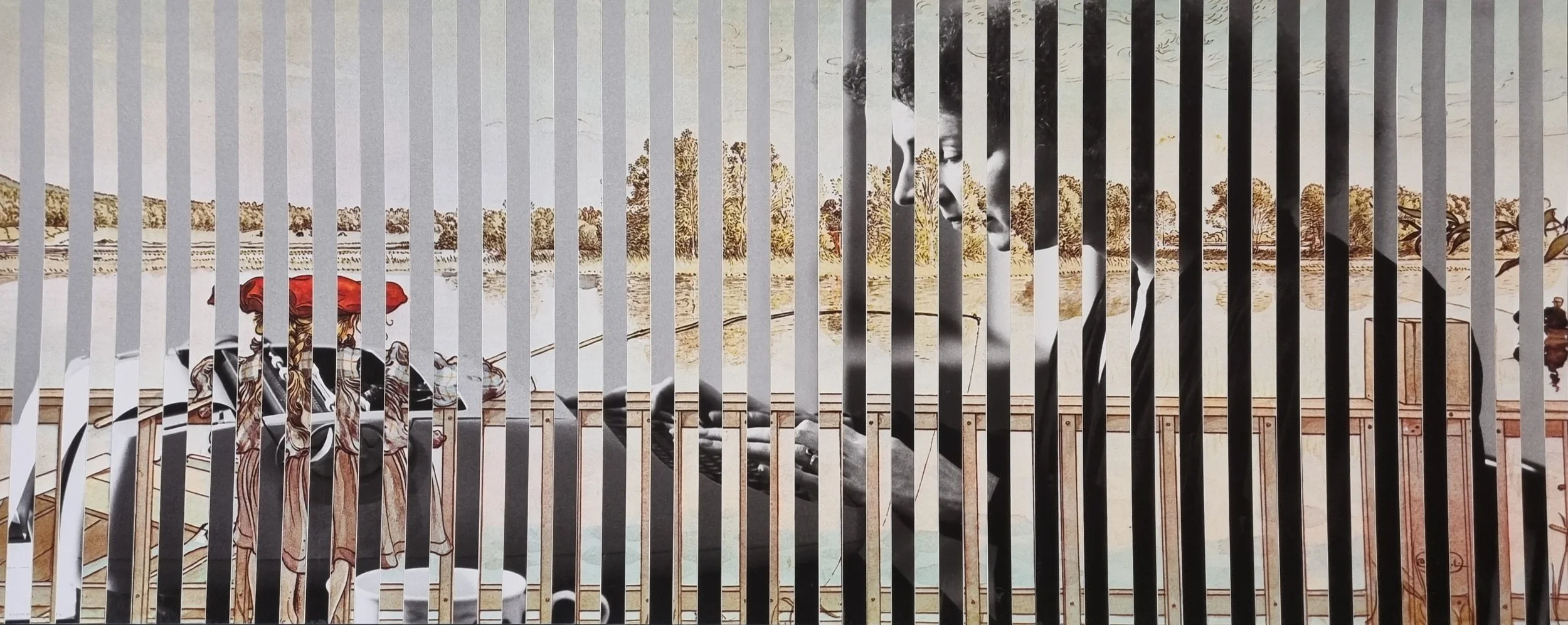 Vertically striped collage with a black and white portrait of writer Margaret Atwood at her typewriter and Swedish painter Carl Larsson's painting, Lisbeth Fishing.