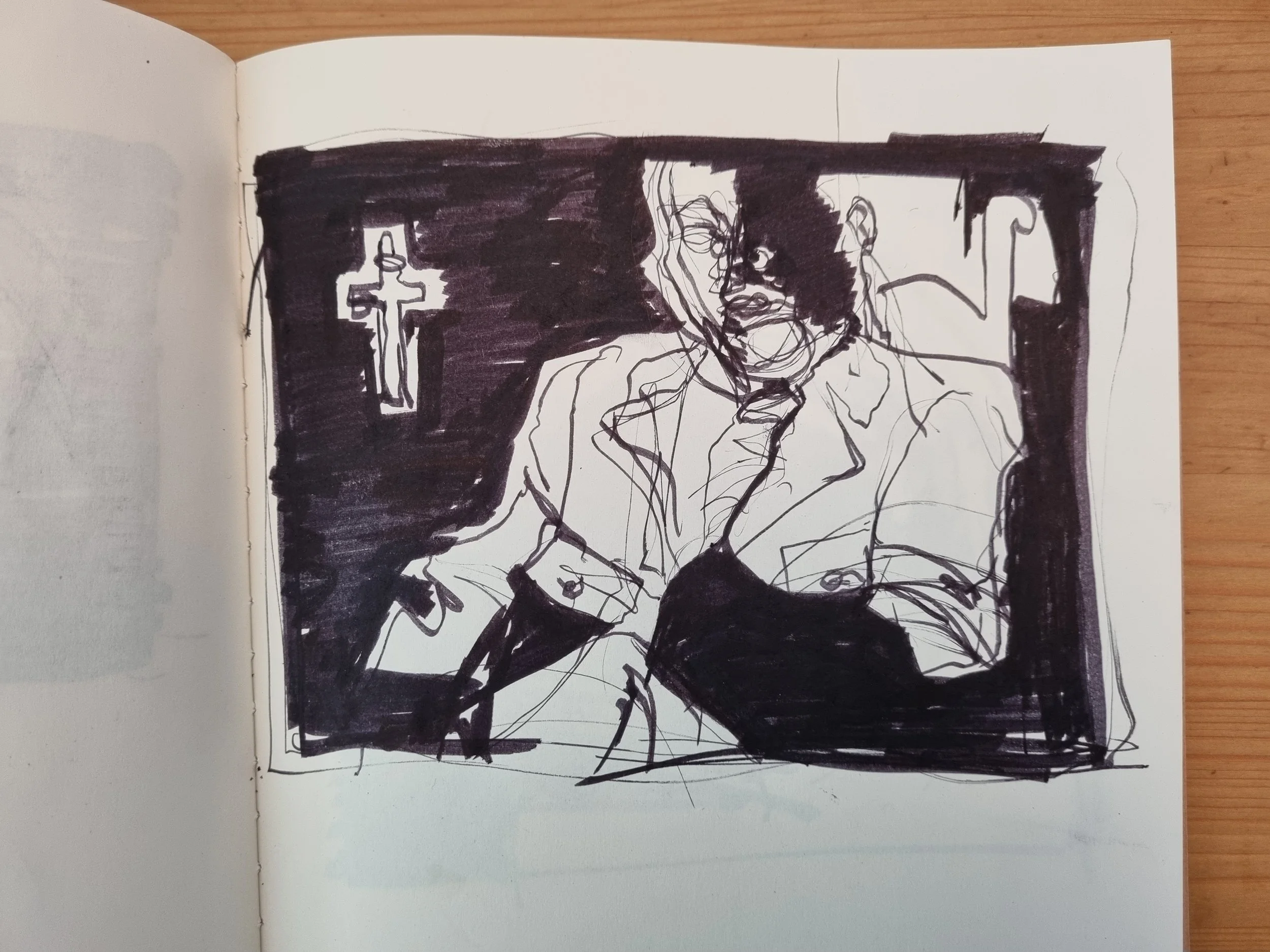 Marker pen sketch with a menacing vibe of a seated man, dressed in a tuxedo, his hands are blacked out, and there is a crucifix glowing in the background.