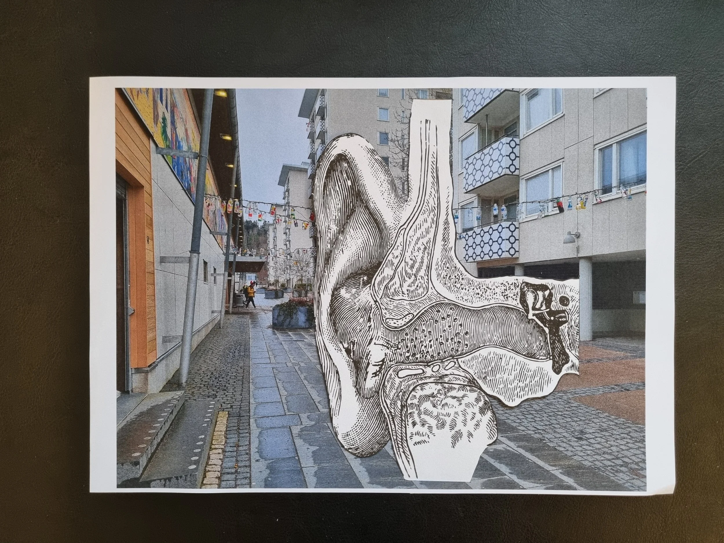 Collage of a black and white anatomical drawing of the ear canal inserted into the outdoor back alley of Kulturhuset Bergsjön.