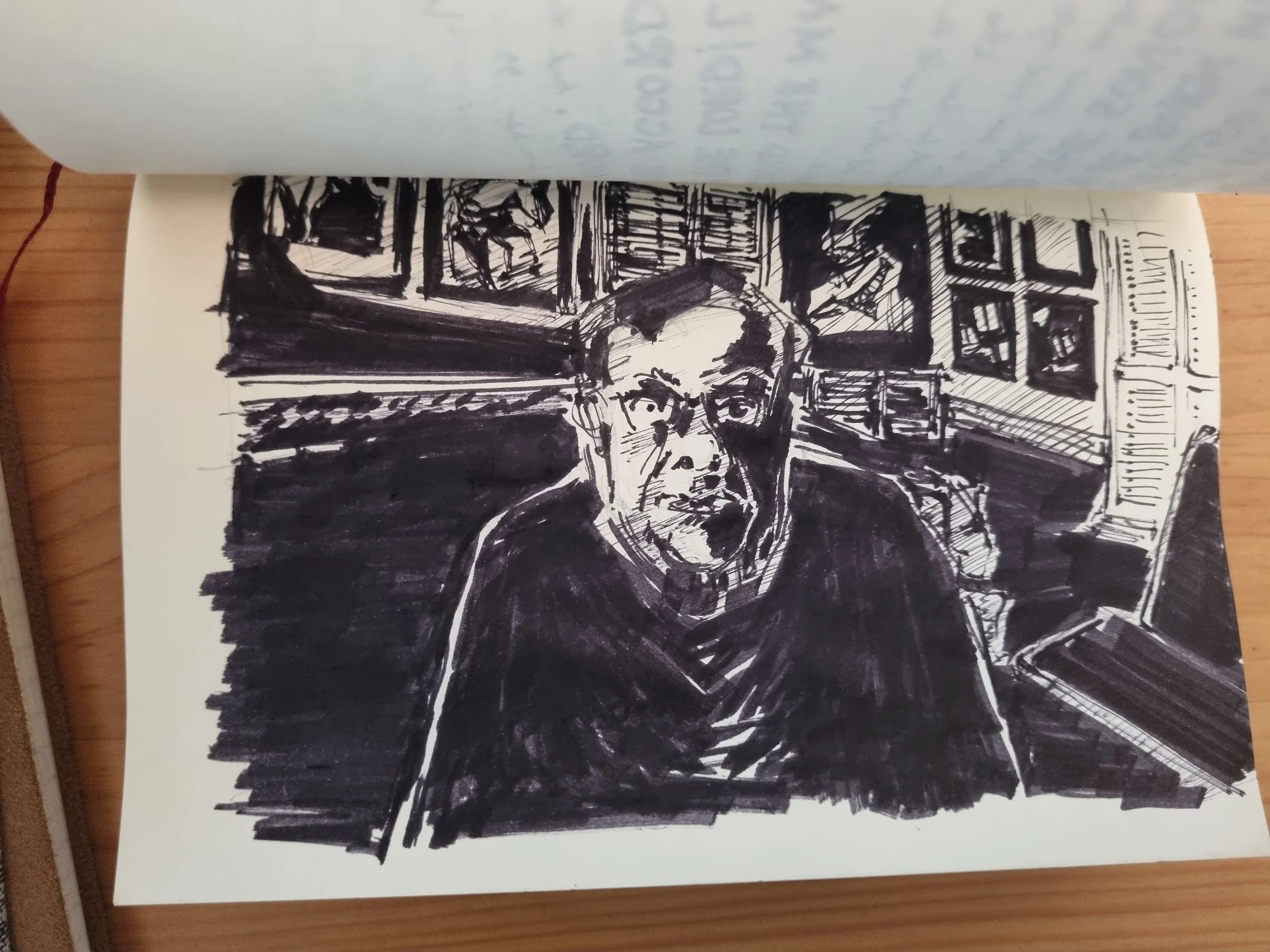 Detailed marker pen drawing of the interior walls of a room lined with picture frames and in the foreground, a man with an intense gaze is placed in the center of the composition.