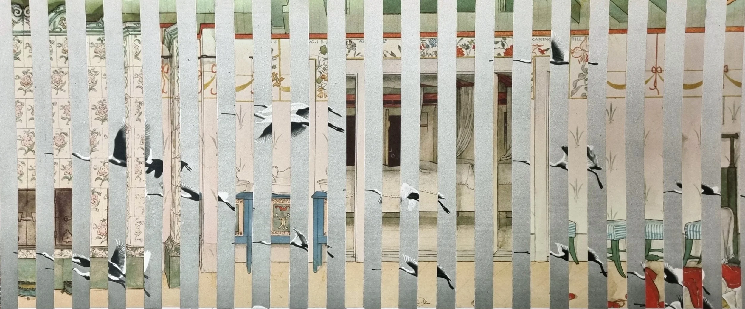 Ornamental collage featuring a vertical rhythmic arrangement of migrating oriental cranes against Swedish painter Carl Larsson's oil painting from Ett hem.