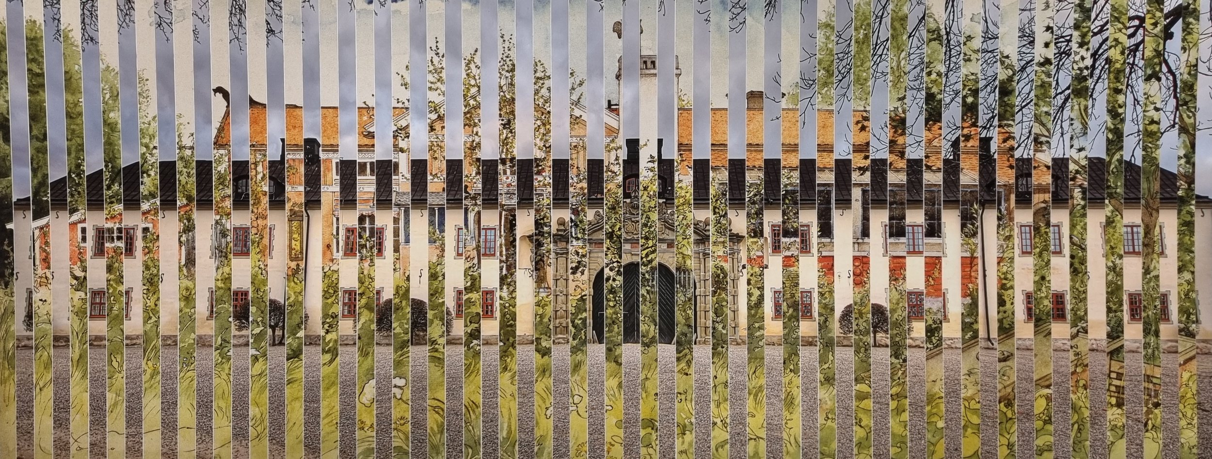 Vertical arrangement of a hand-cut collage with Swedish painter Carl Larsson's summer cottage and the Swedish Tidö Slott where the Tidöavtal was signed.