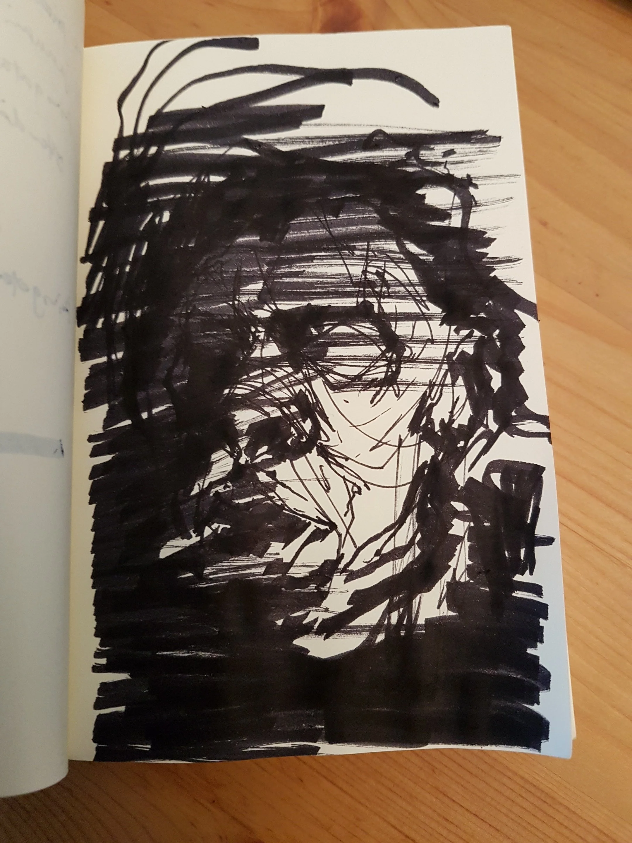Highly expressive and dark marker pen sketch with lines going across the page of a male model smoking a cigarette.