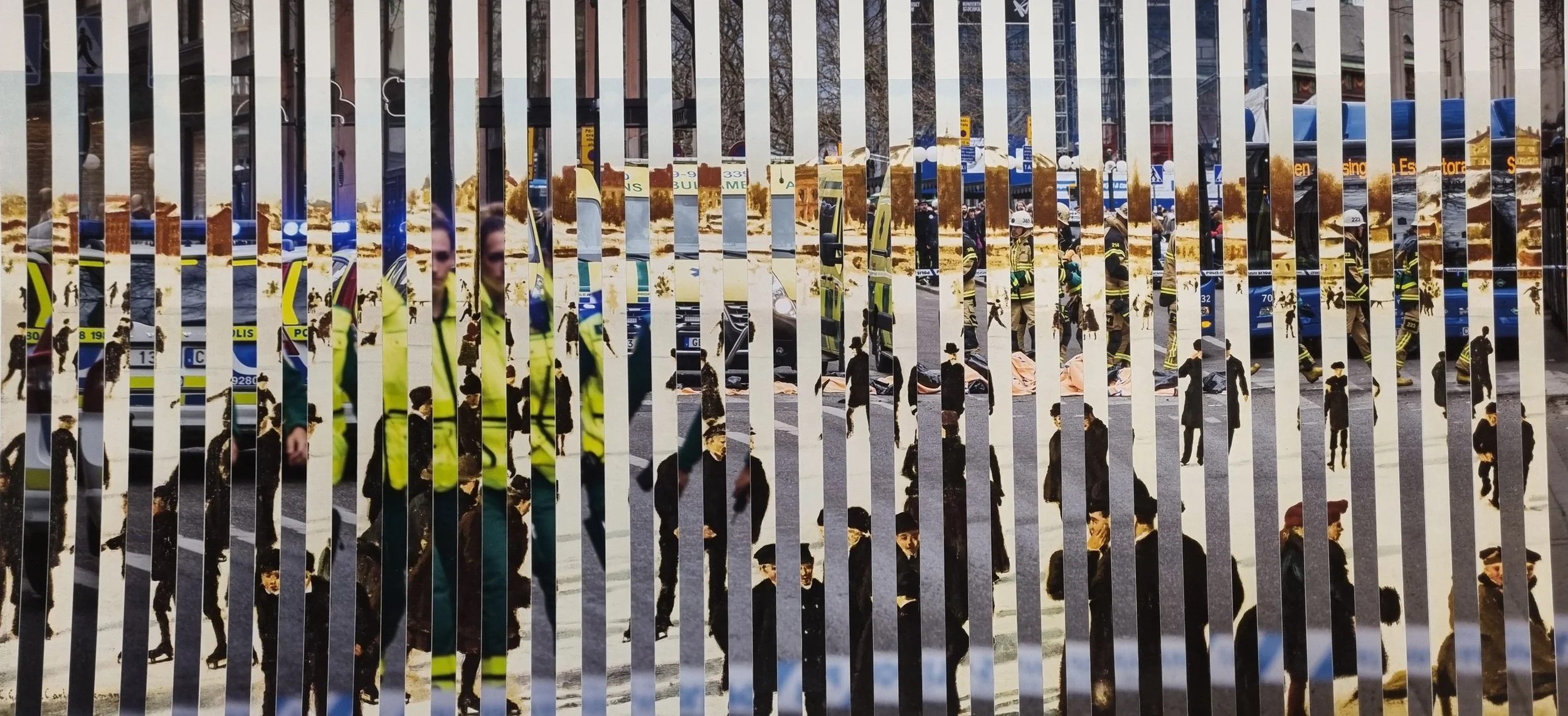 Collage of Swedish police contrasted against an oil painting of an ice skating rink at winter.