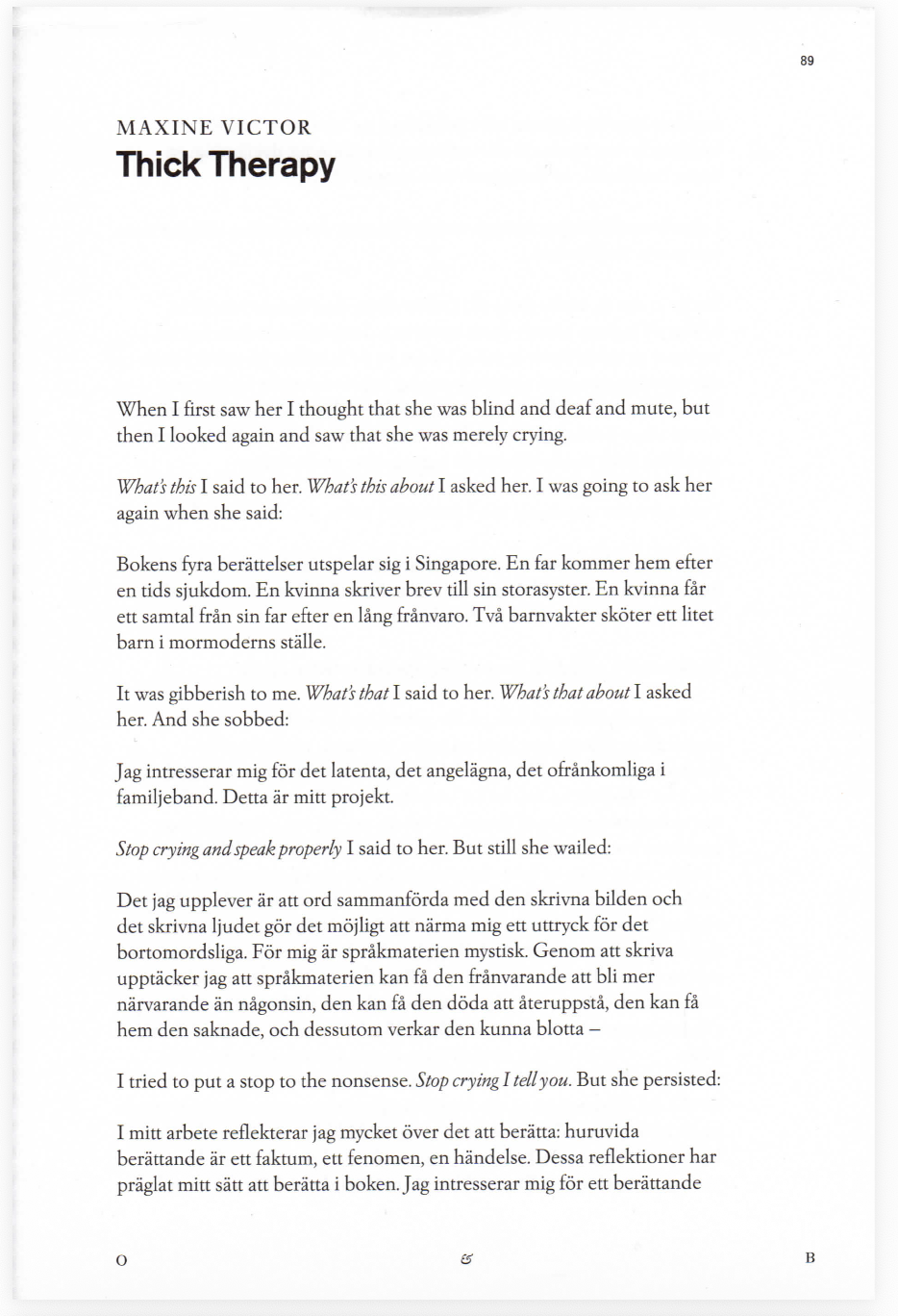 Page from a book with the title "Thick Therapy" by Maxine Victor, discussing themes of communication and perception, including English and Swedish text.