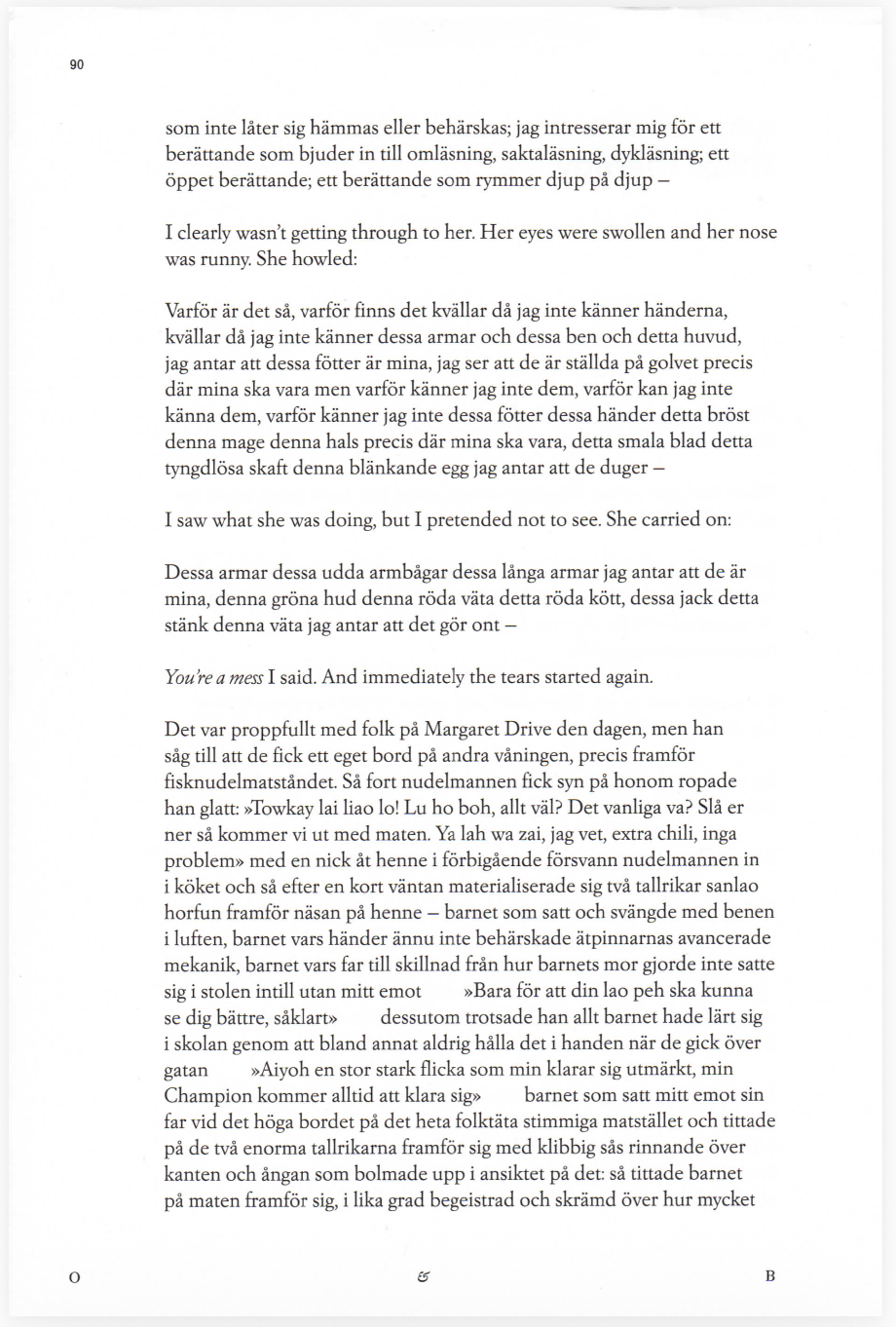 A close-up photograph of a text page from a book, showing primarily Swedish text with some English lines, including dialogue and narrative passages.
