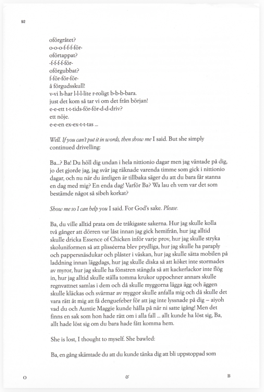A page from a book showing text in Swedish with some English phrases, including a dialogue about a humorous situation involving missing a day and helping.