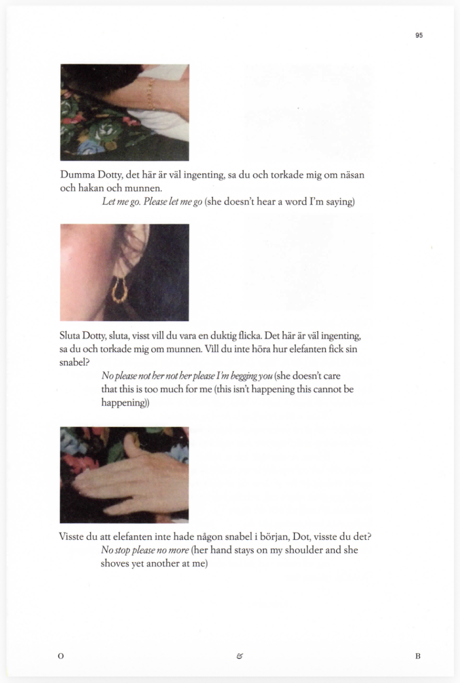 Three close-up photos of a woman's hand and ear, with accompanying Swedish and English text, describing gestures and actions involving her nose, mouth, ears, and hand.