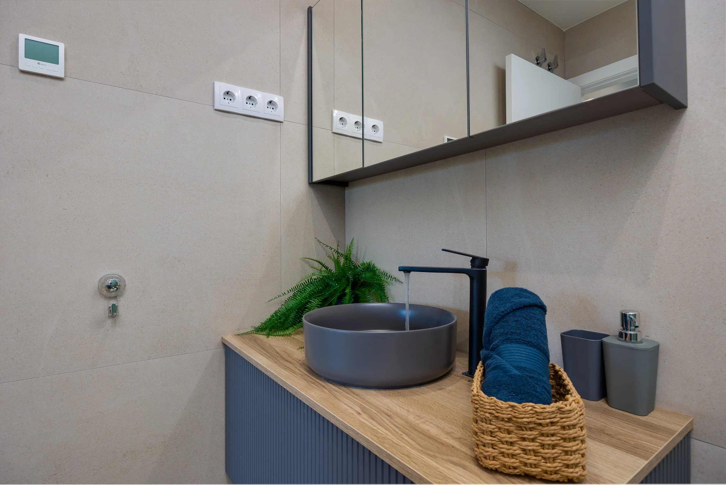 Modern vanity with plenty of space for your holiday essentials.