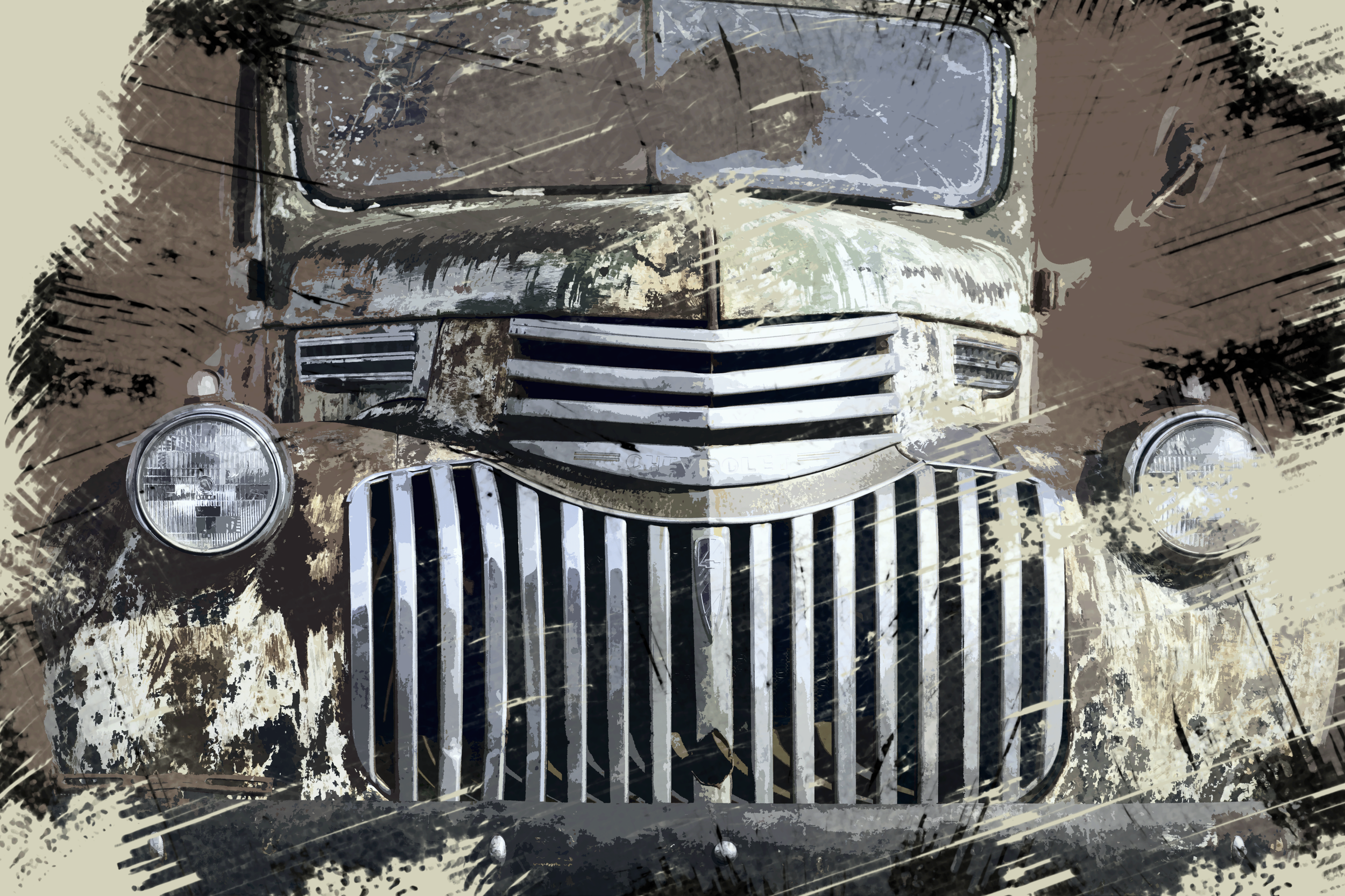 An old, rusty, and battered truck seen from the front, with a vertical grille and round headlights, situated on a dirt ground with a blurred background.