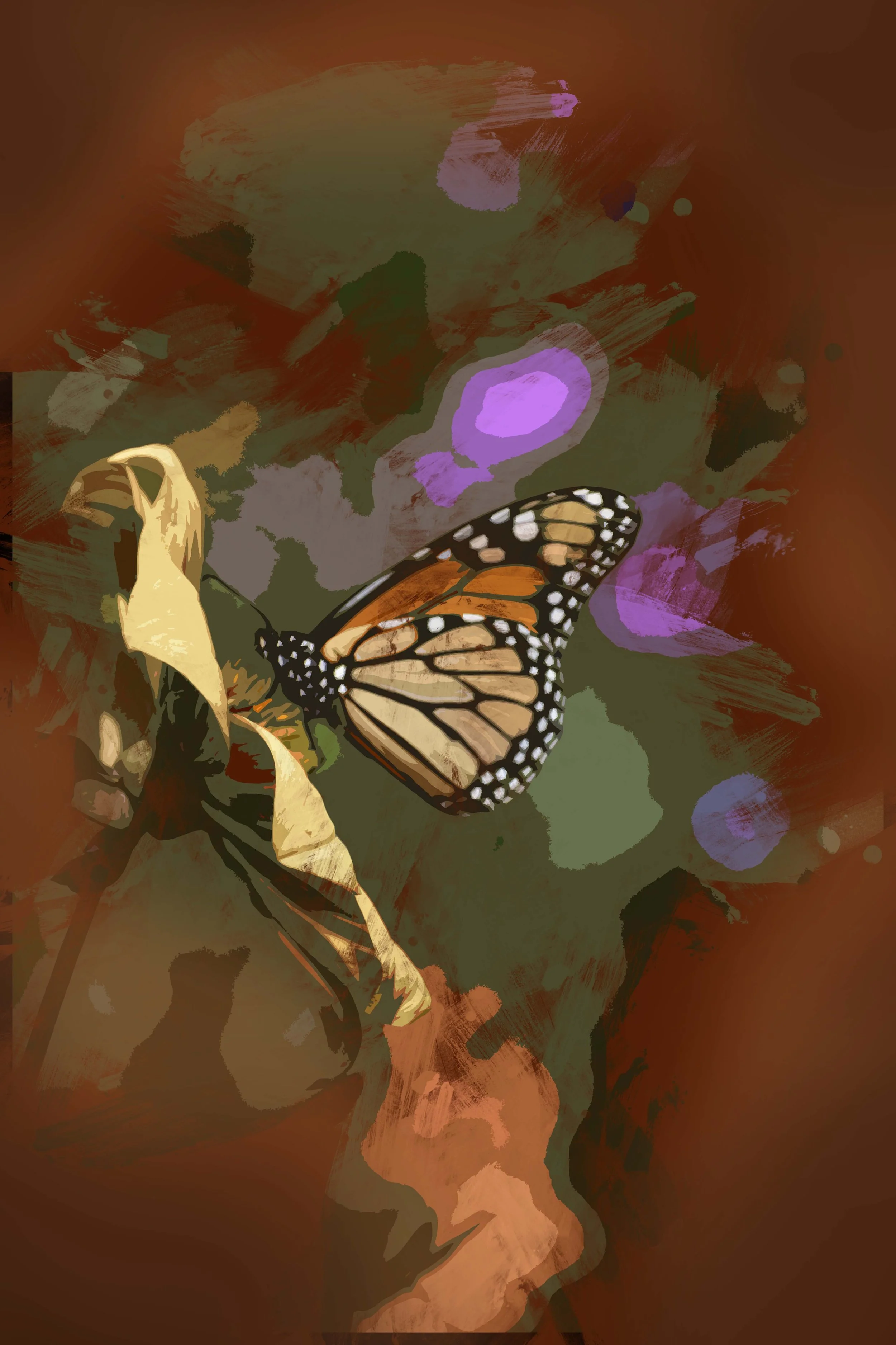 Digital painting of a monarch butterfly on a dry, curled leaf against a brown and purple blurred background.