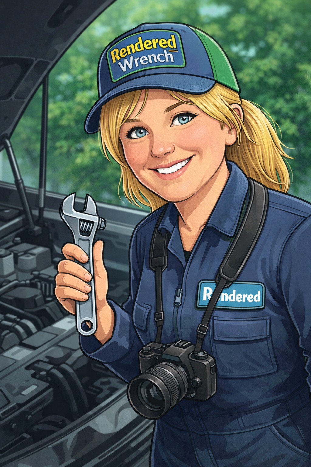 A smiling woman with blonde hair, wearing a blue cap and uniform, holds a wrench and stands next to an open car hood with a camera around her neck.