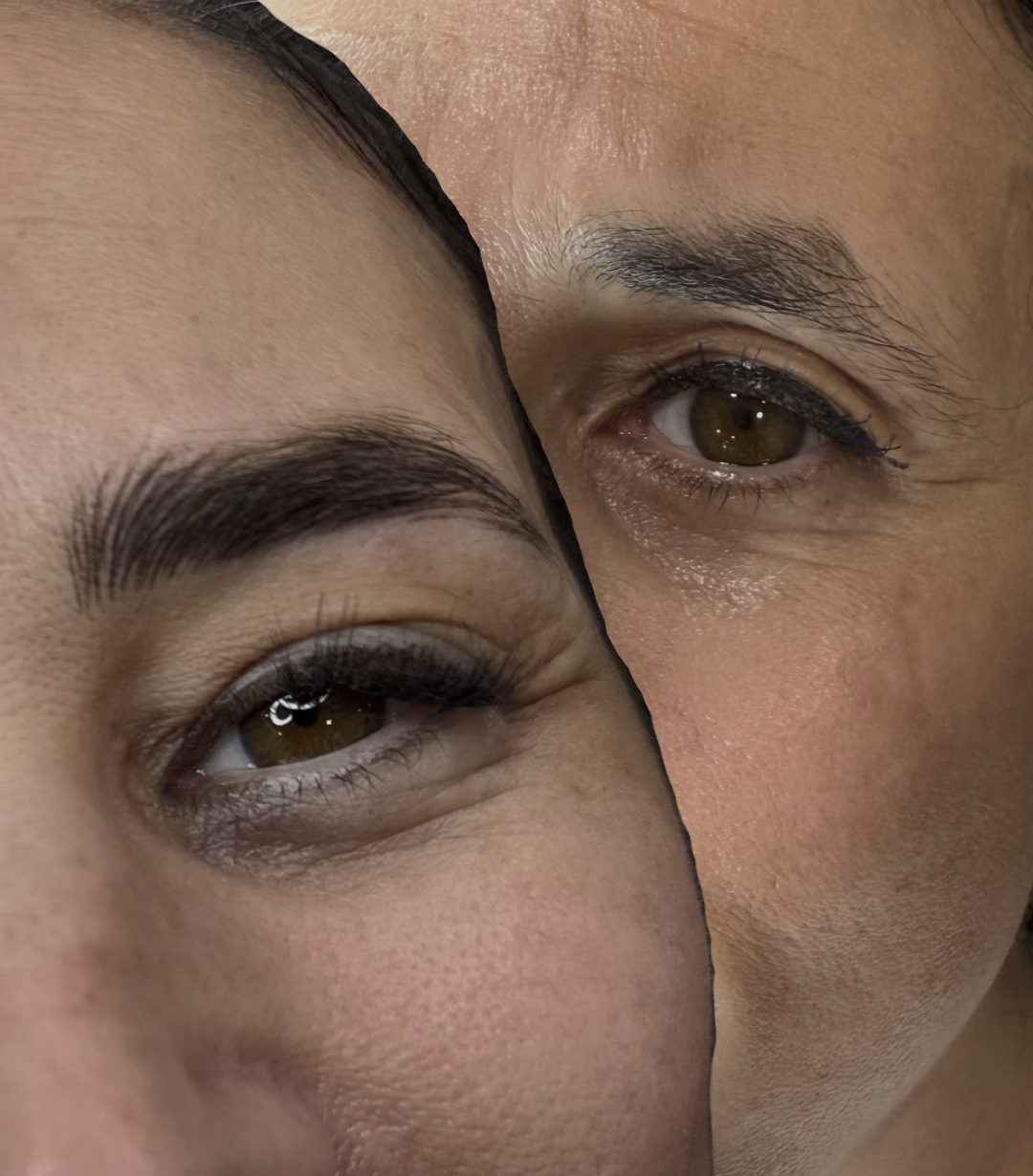 Close-up of two people's eyes, one with smooth skin and well-groomed eyebrows, the other with slightly wrinkled skin and bushy eyebrows.