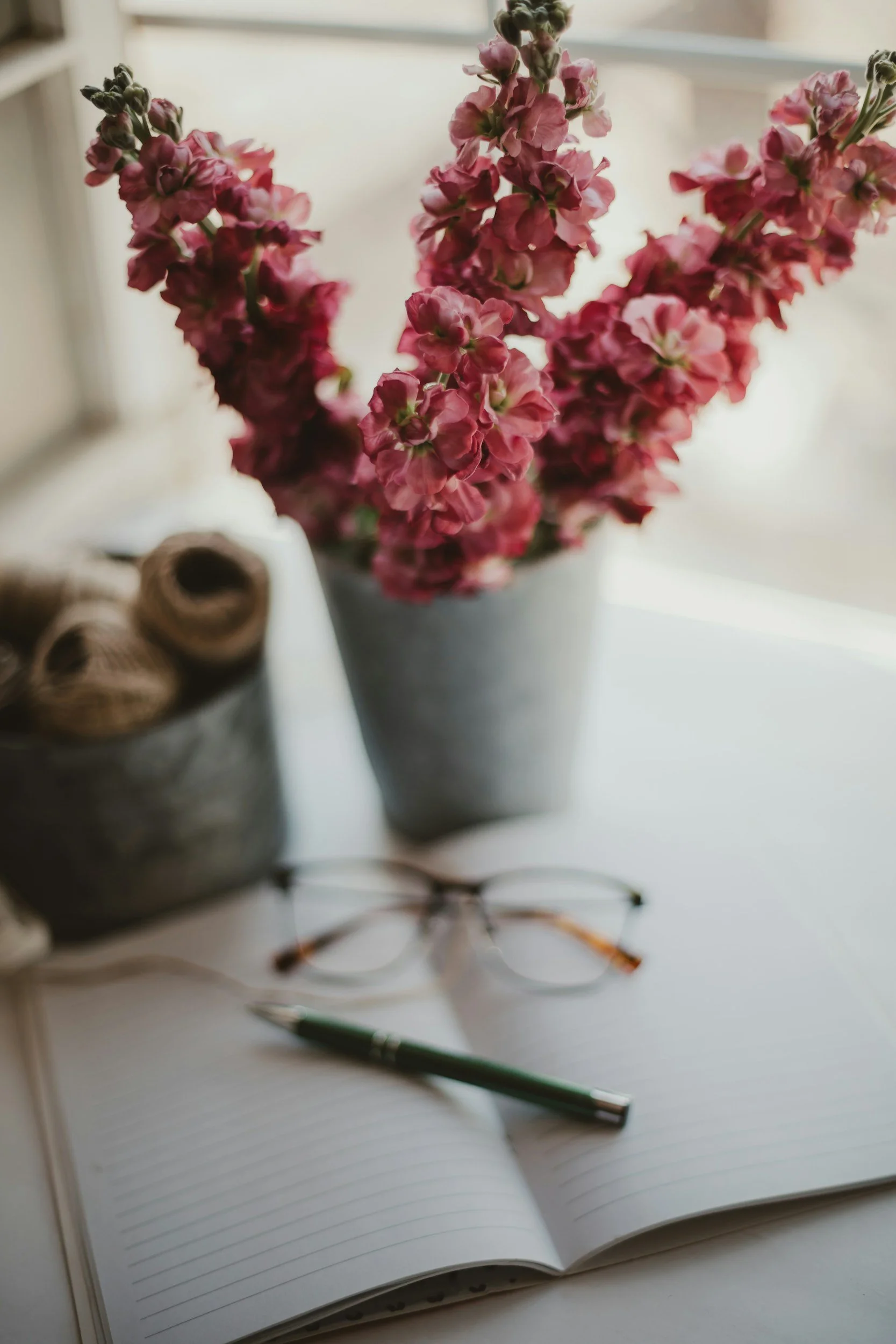 Open notebook with lined pages, a black pen placed across the pages, a vase with pink flowers in the background, and a pair of glasses.