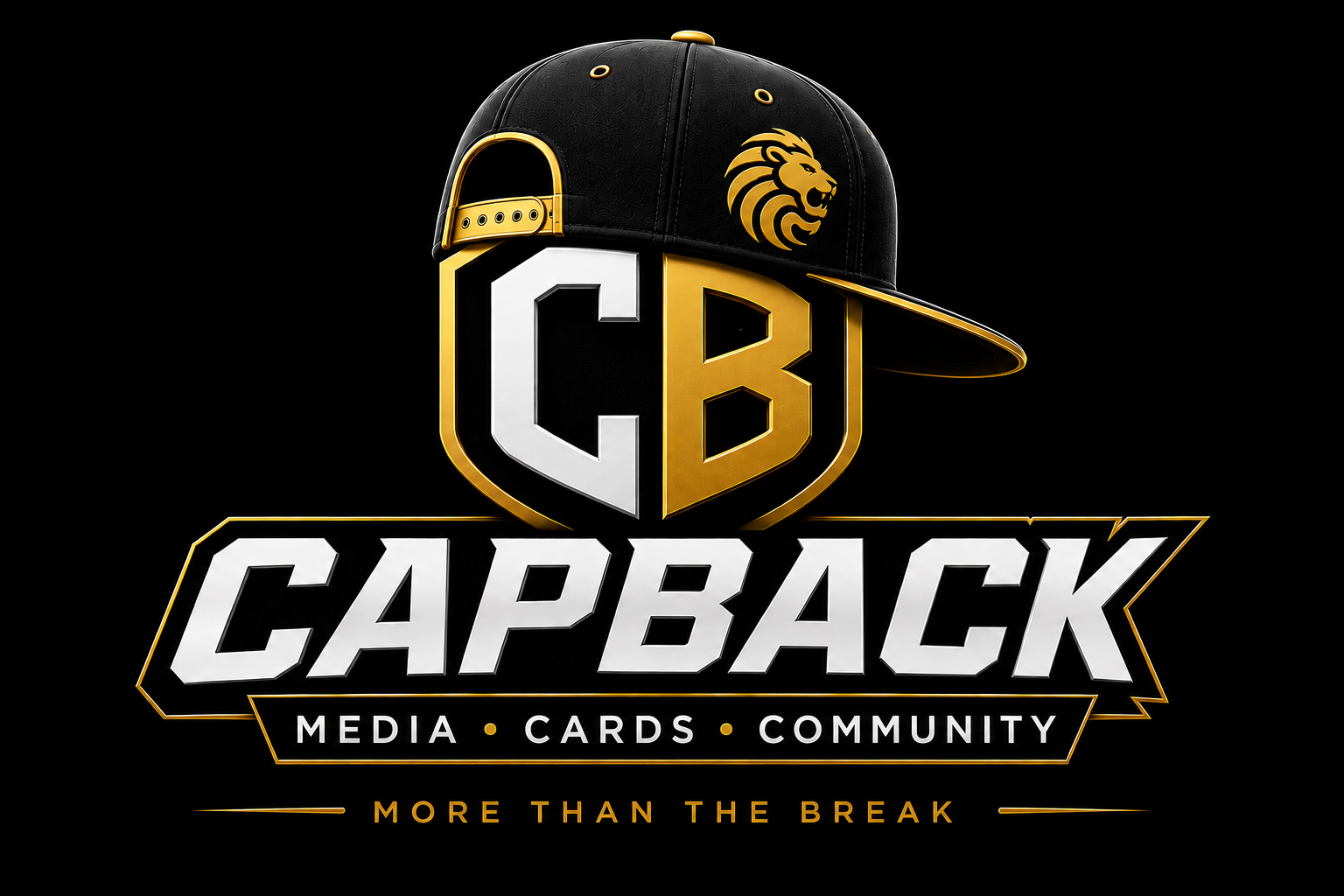 Capback logo featuring the signature backward fitted cap, lion emblem, and shield, representing media, trading cards, community, and authentic conversations.
