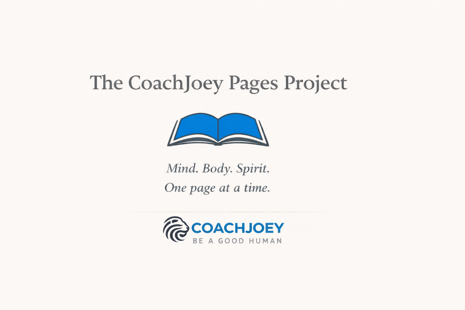 The CoachJoey Pages Project logo featuring an open book and the tagline "One Page at a Time," promoting lifelong learning, leadership, and personal growth through reading.