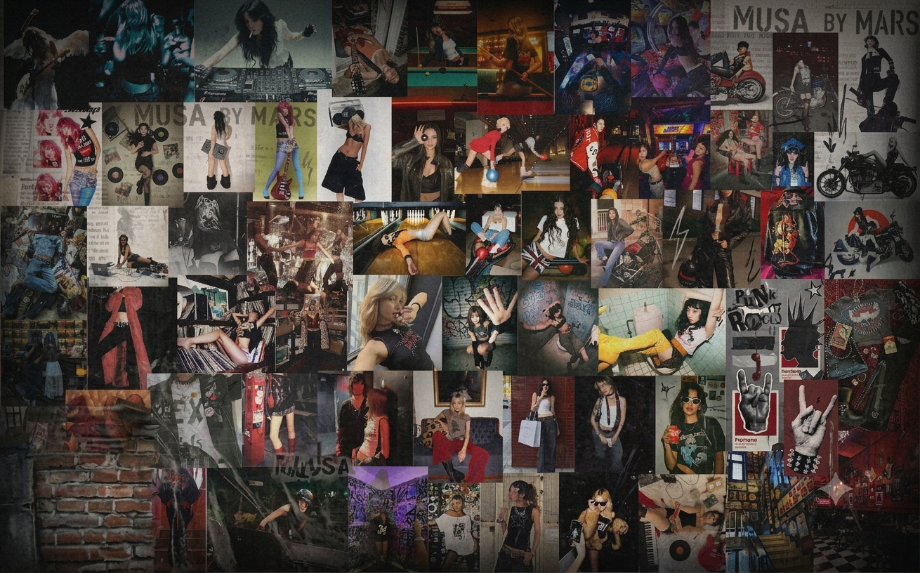 A collage of various fashion and lifestyle photographs featuring women, motorcycles, musical instruments, indoor and outdoor settings, and pop culture references.