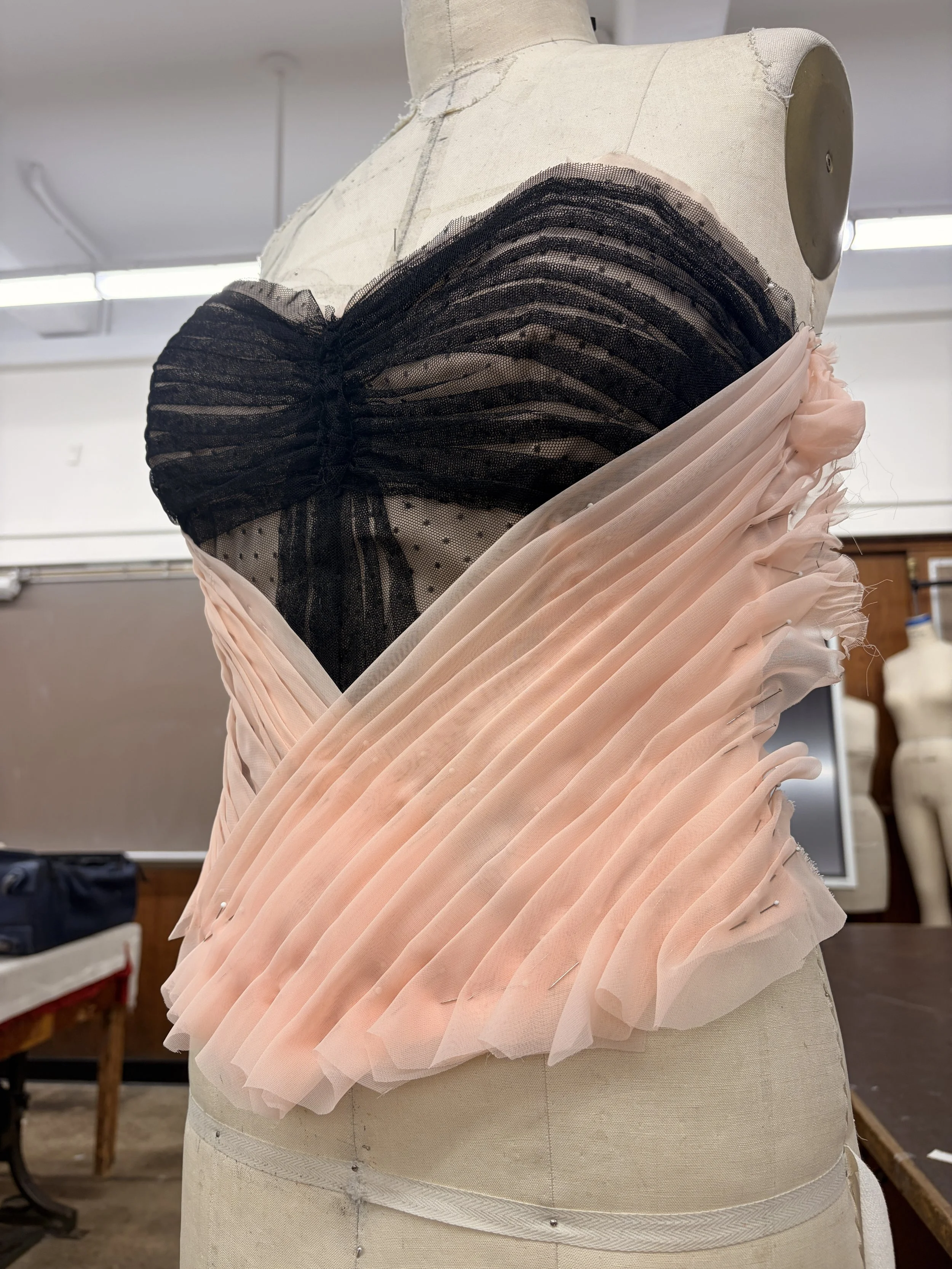 french lining bustier with hand sewn fluting and ruching. China silk base, Poly-chiffon and swiss dot mesh
