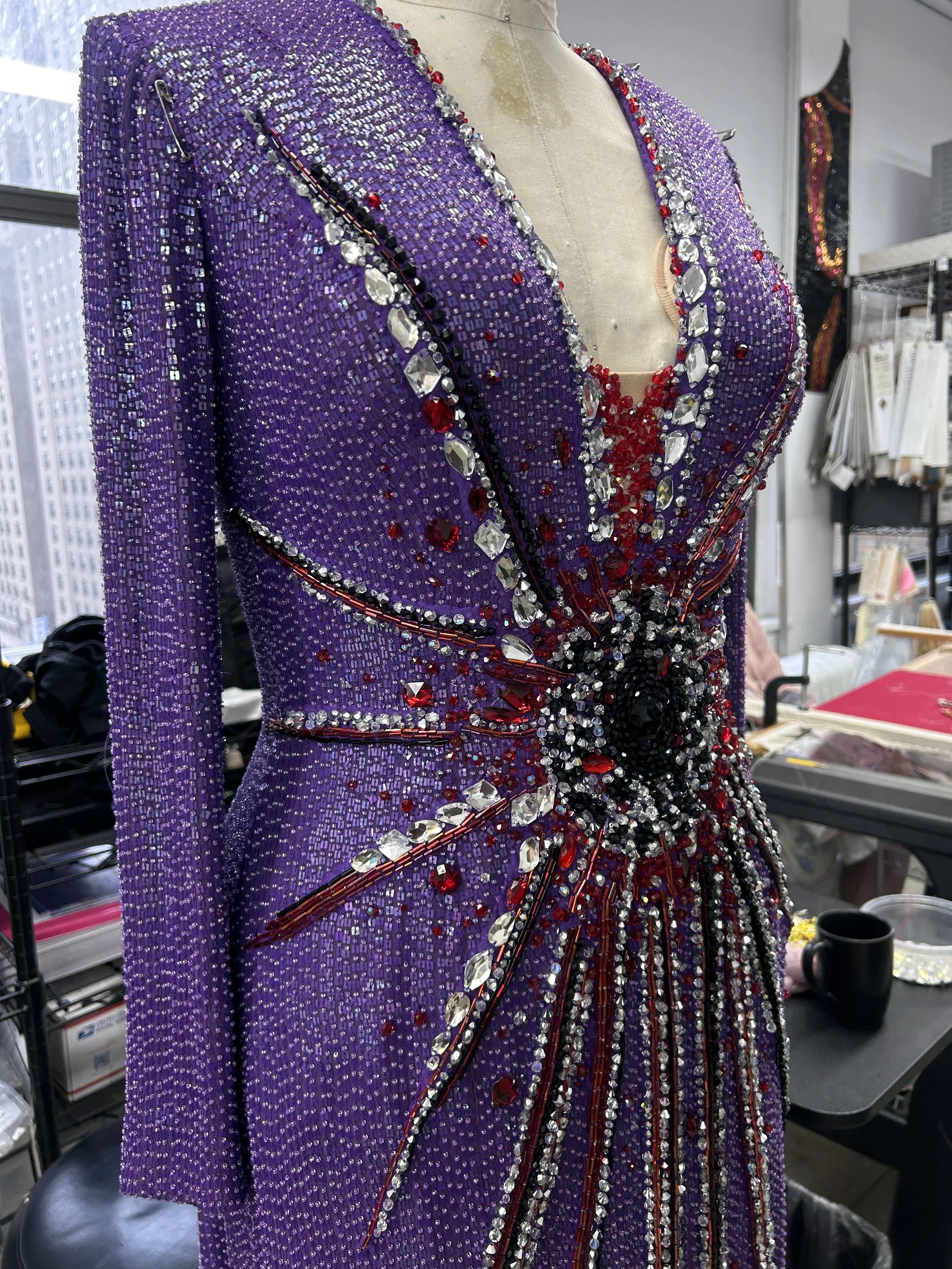 Beaded dress for Death Becomes her- Hand finishing: Flat lining, bead cracking, hand quilting