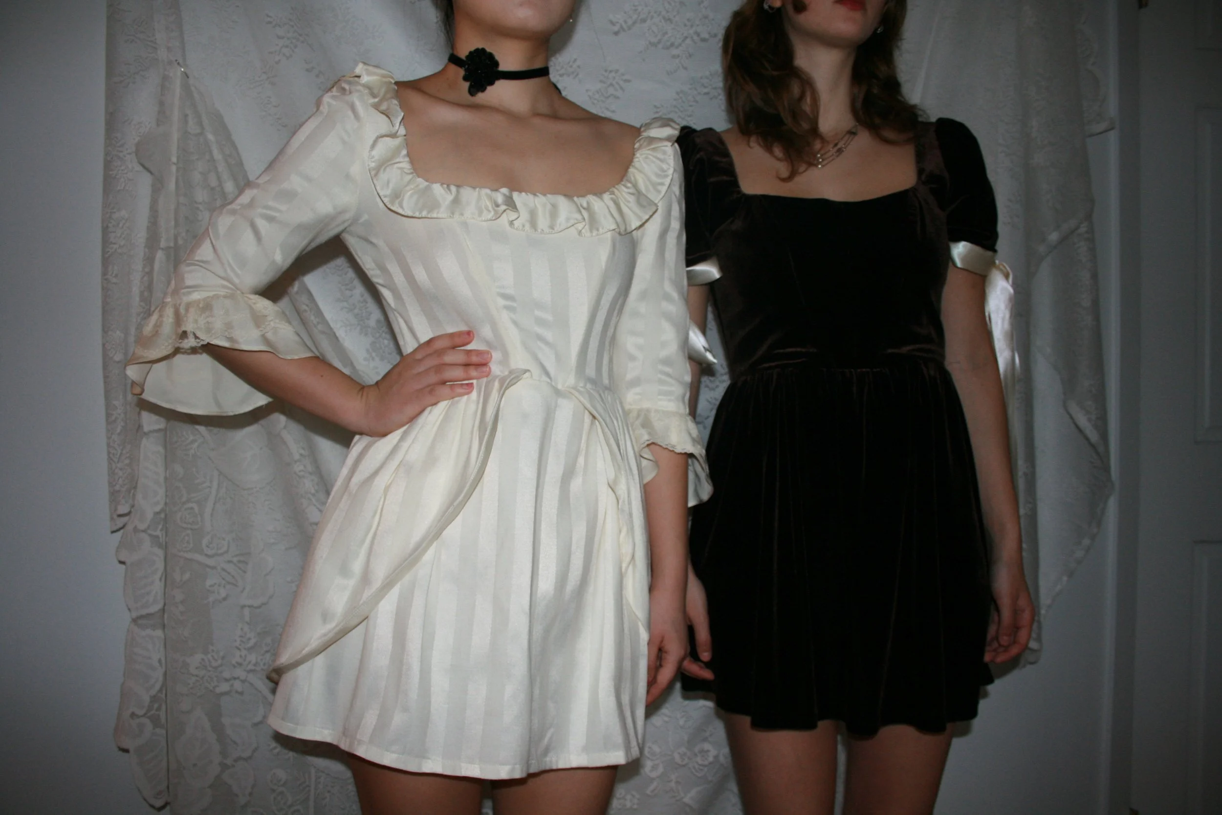 striped robe a la francaise miniskirt and brown velvet puff sleeve dress