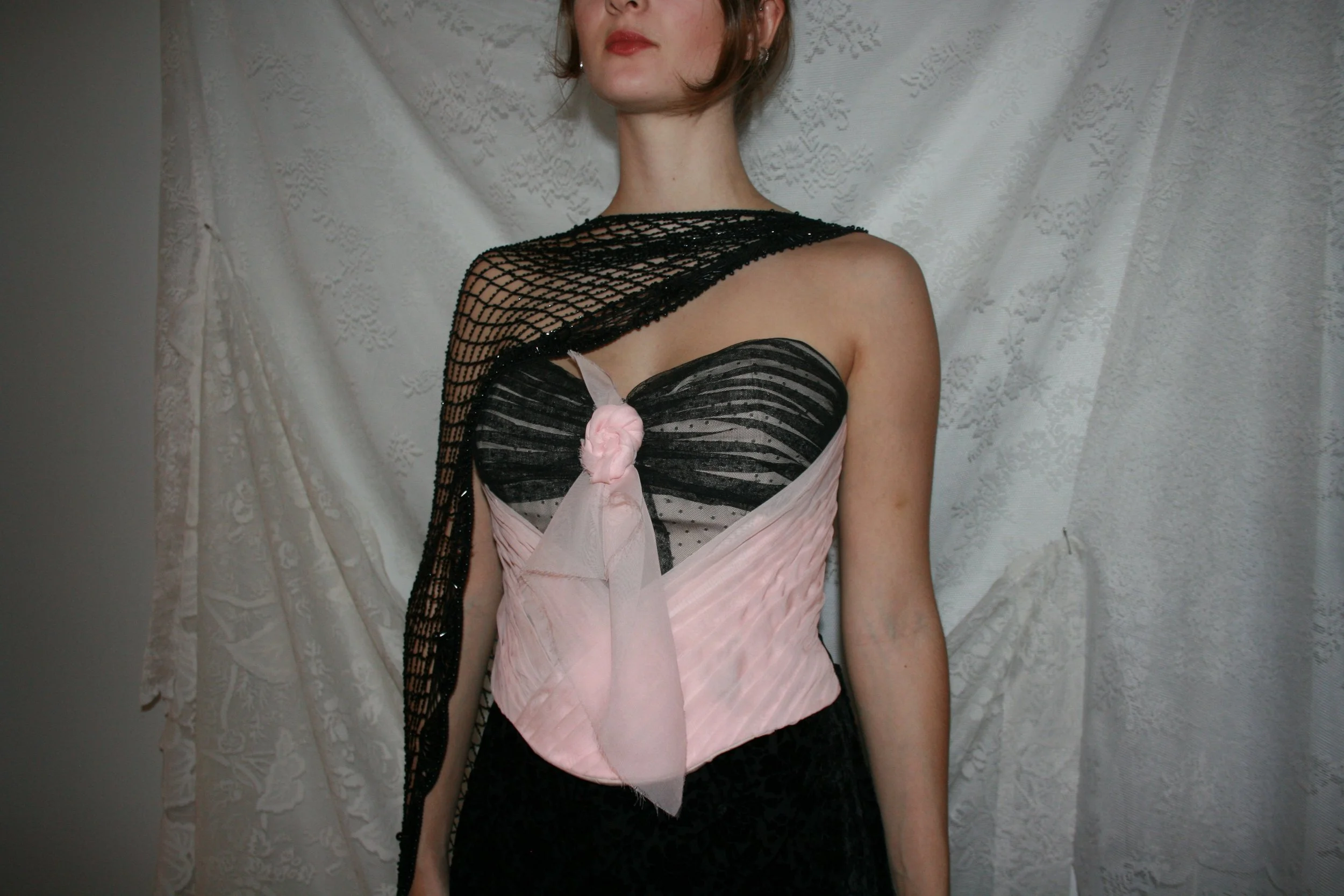 french lining bustier with hand sewn fluting and ruching. China silk base, Poly-chiffon and swiss dot mesh