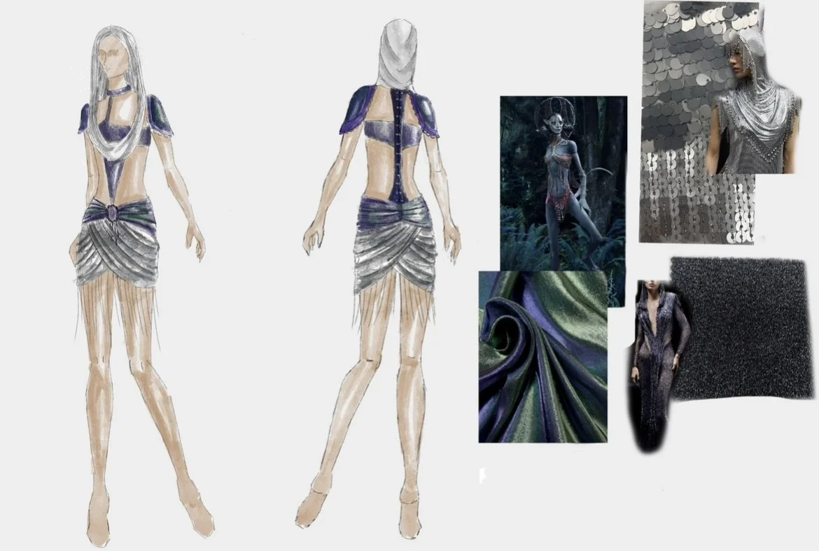 Alien X Fairytale- liquid organza and shimmer knit bodice and skirt yoke, knit sequin mini peg skirt and cowl hood.